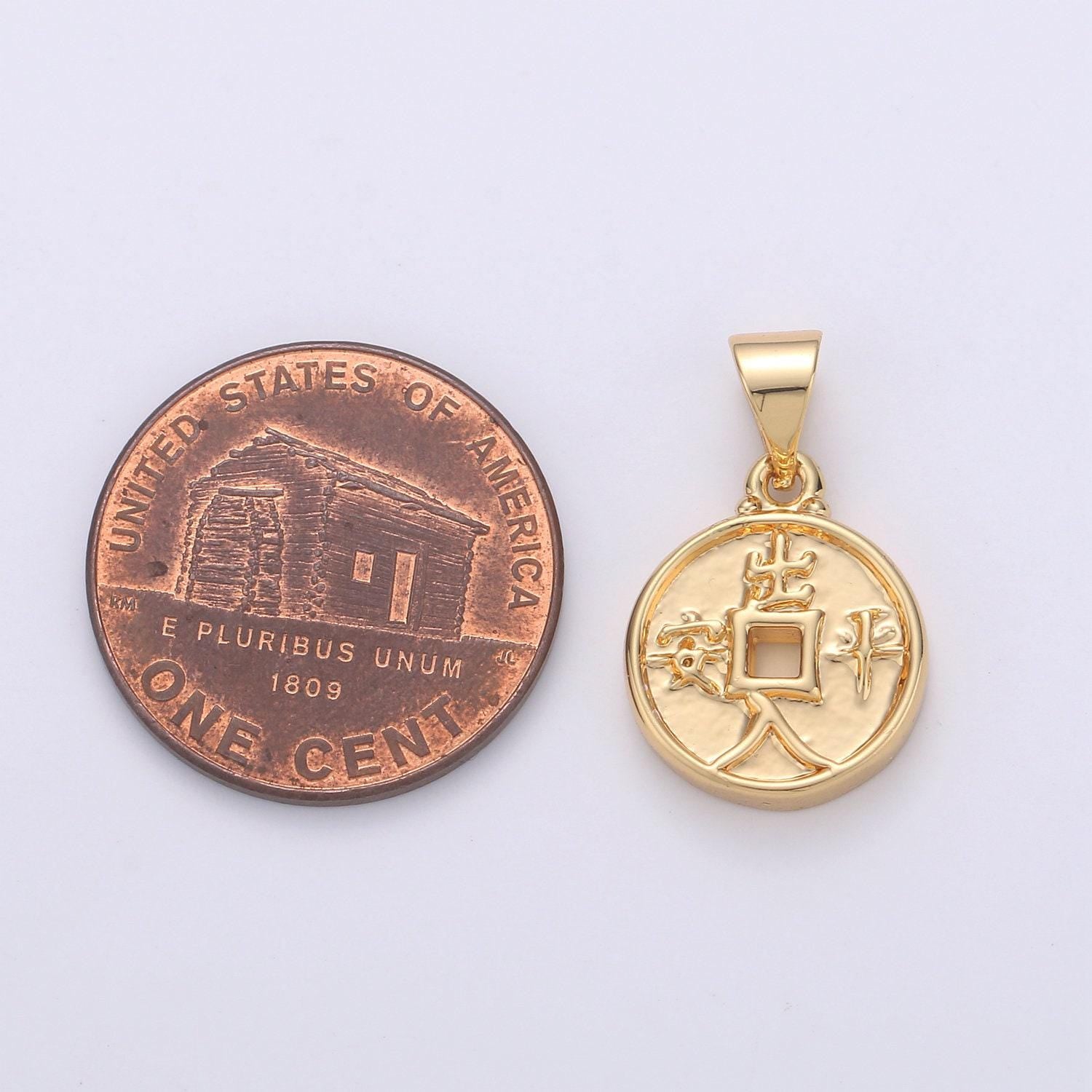 Double sided chinese coin charms, dynasty, lucky coin charm, gold chinese coin in 24k gold | i-869