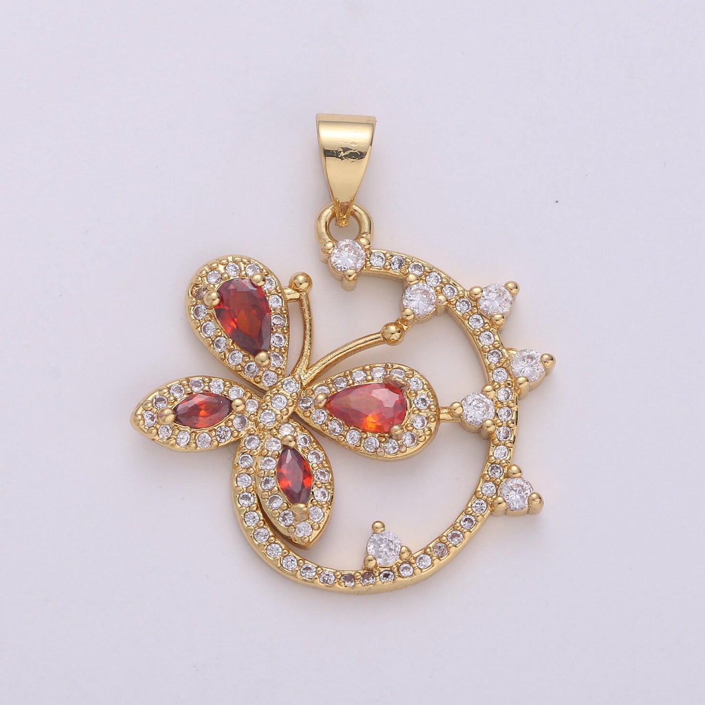 Dainty 24k gold micro pave butterfly charm, ruby cubic zirconia round circle pendant charm, charm, for diy jewelry