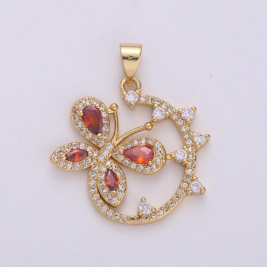 Dainty 24k gold micro pave butterfly charm, ruby cubic zirconia round circle pendant charm, charm, for diy jewelry