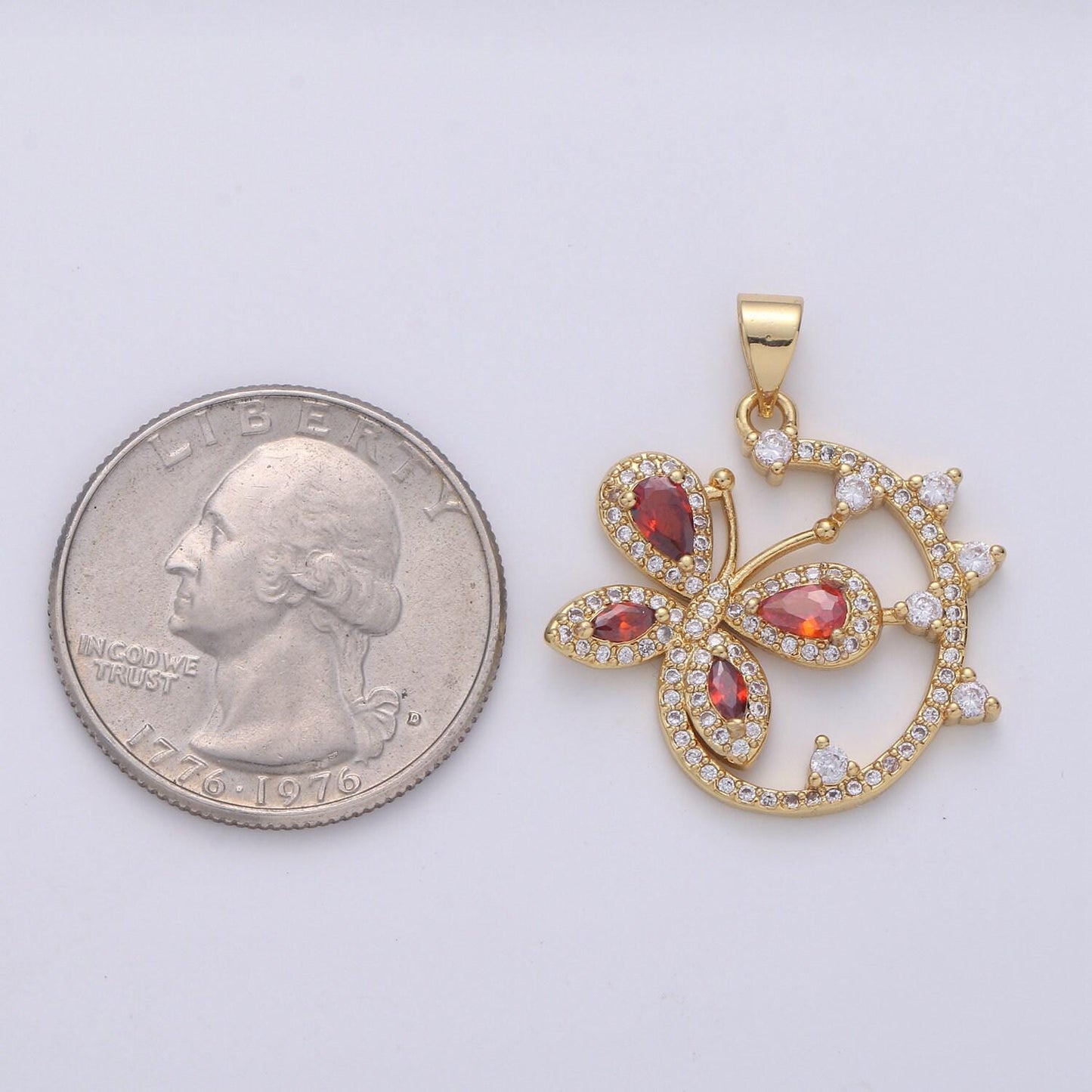 Dainty 24k gold micro pave butterfly charm, ruby cubic zirconia round circle pendant charm, charm, for diy jewelry