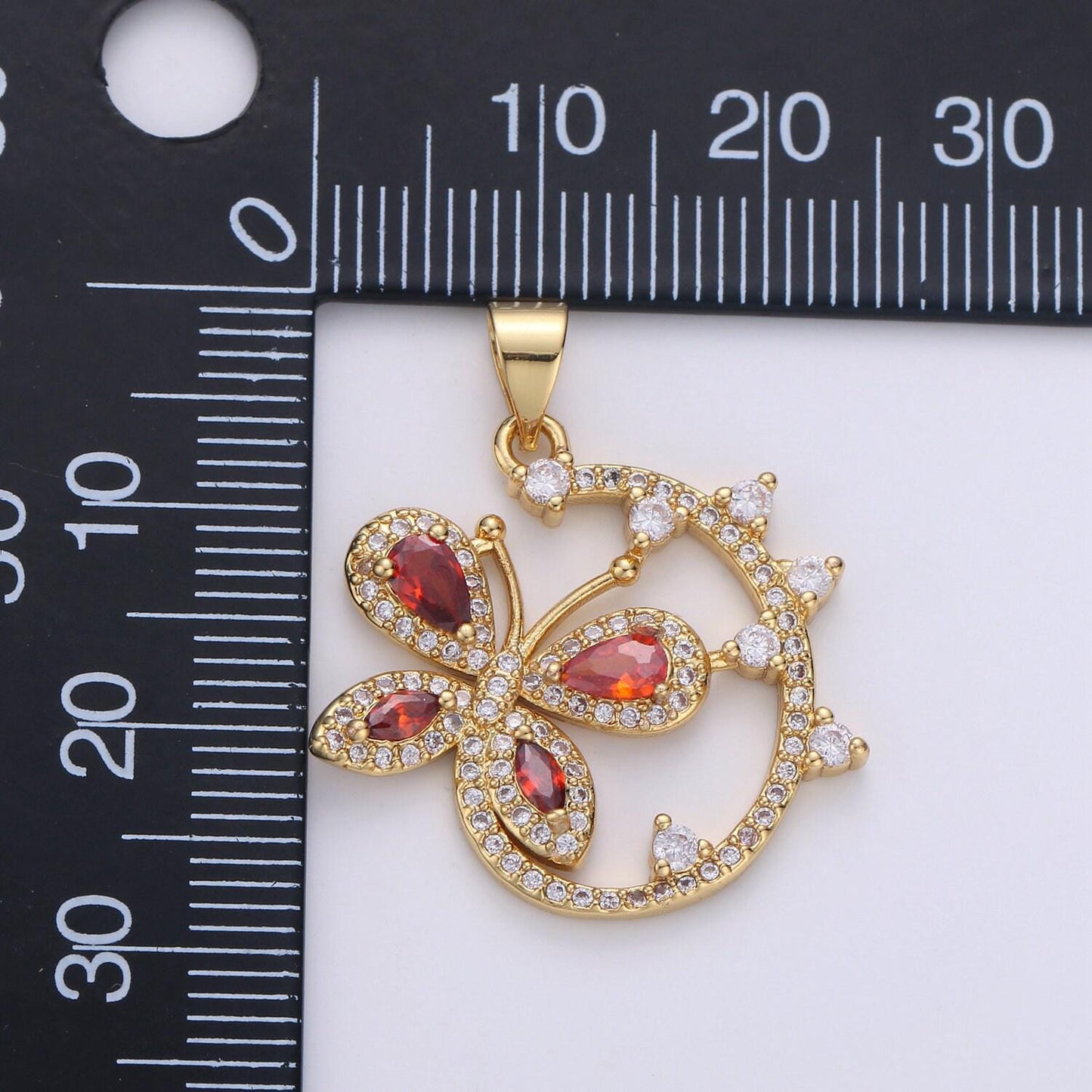 Dainty 24k gold micro pave butterfly charm, ruby cubic zirconia round circle pendant charm, charm, for diy jewelry