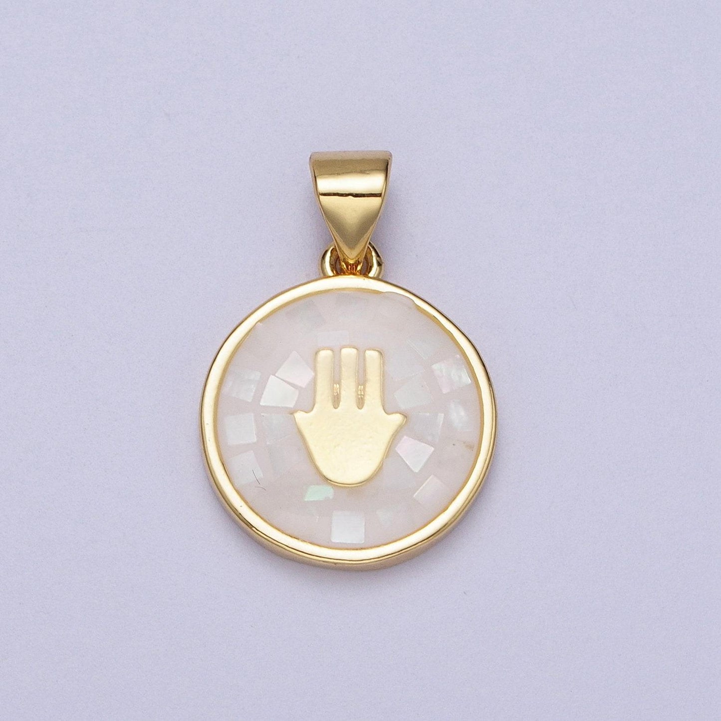 Gold hamsa hand white, pink, green, teal shell opal round pendant h-807 i-760 i-792 i-828