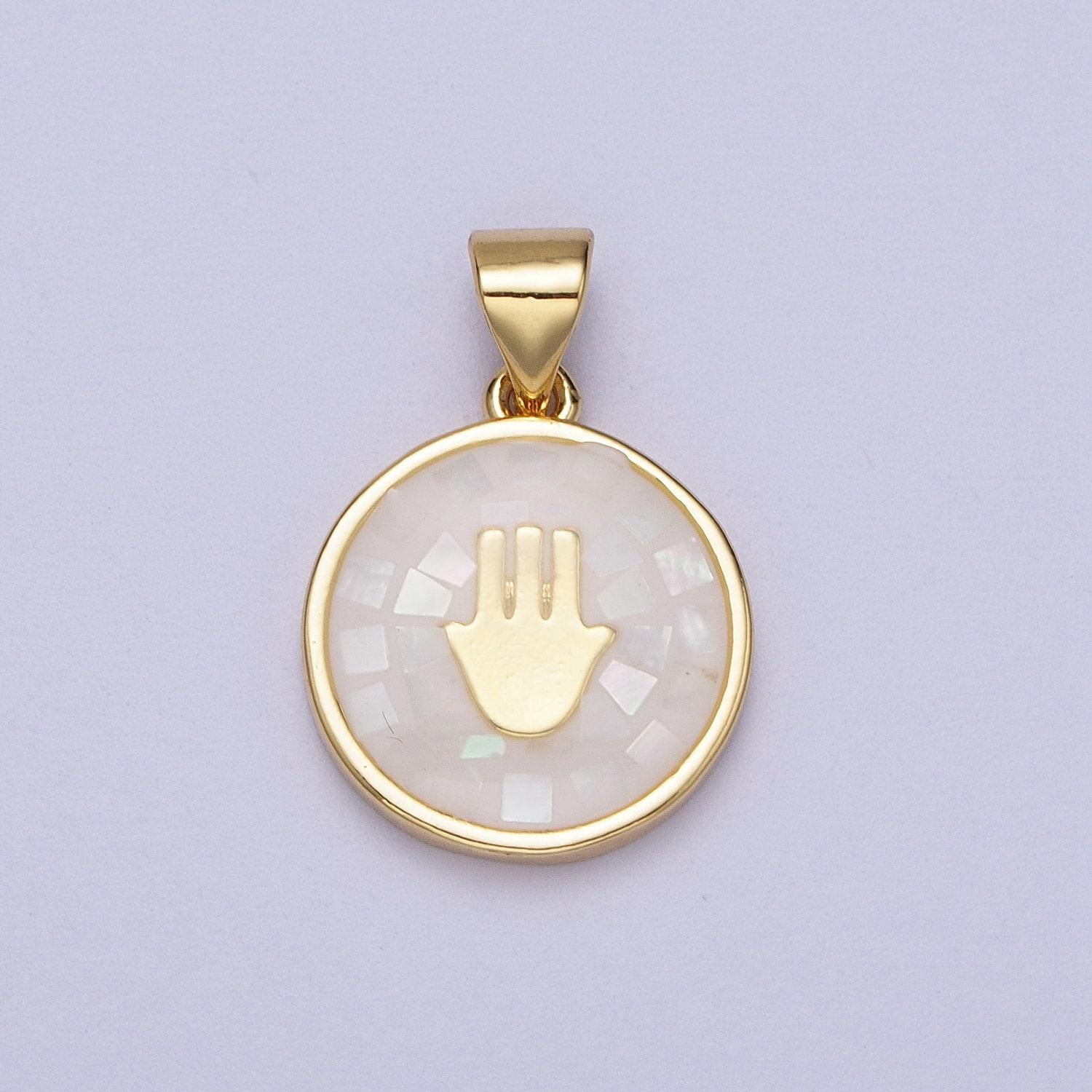 Gold hamsa hand white, pink, green, teal shell opal round pendant h-807 i-760 i-792 i-828
