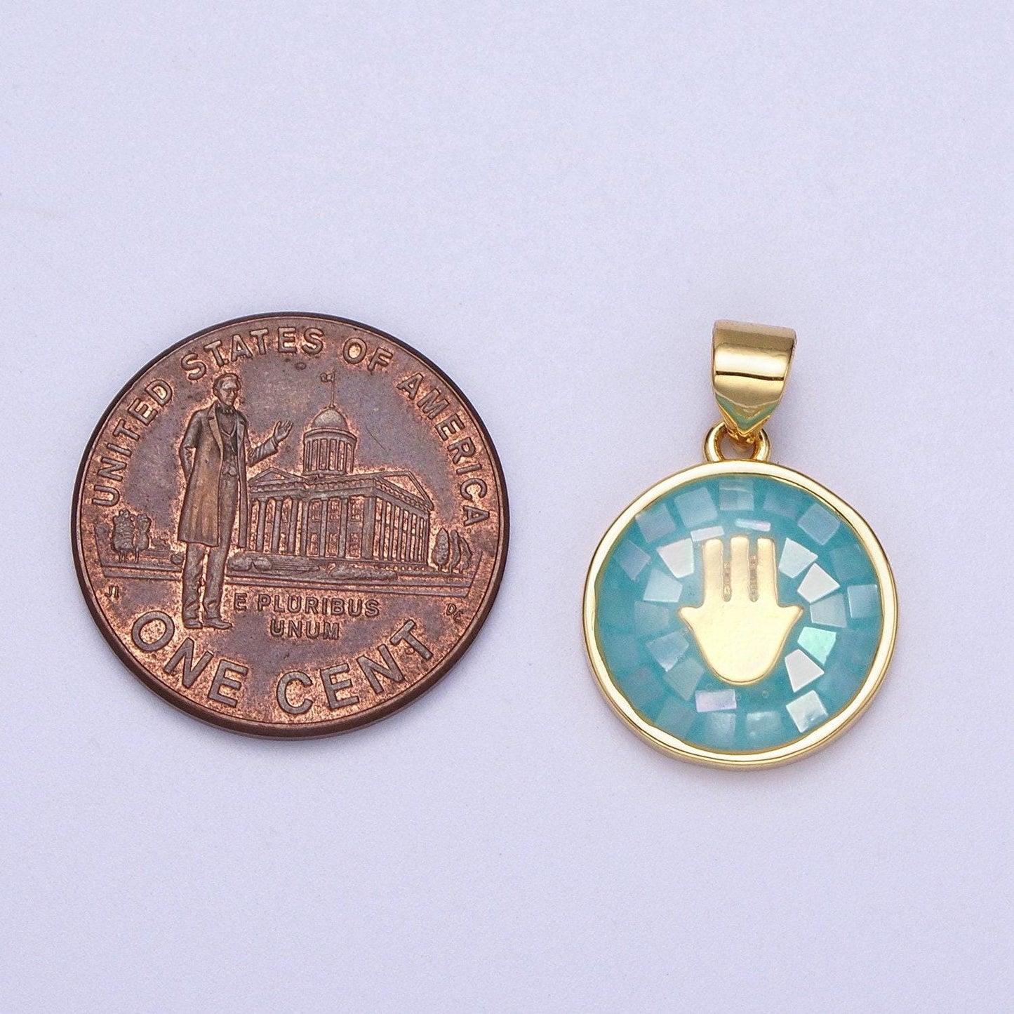 Gold hamsa hand white, pink, green, teal shell opal round pendant h-807 i-760 i-792 i-828