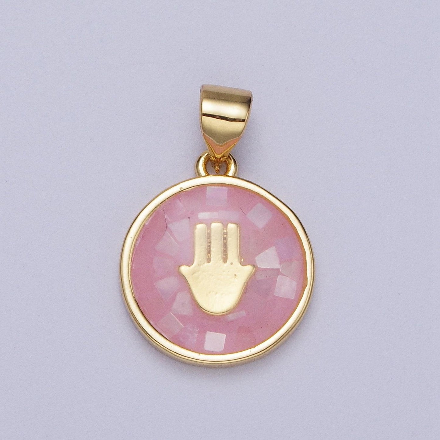 Gold hamsa hand white, pink, green, teal shell opal round pendant h-807 i-760 i-792 i-828