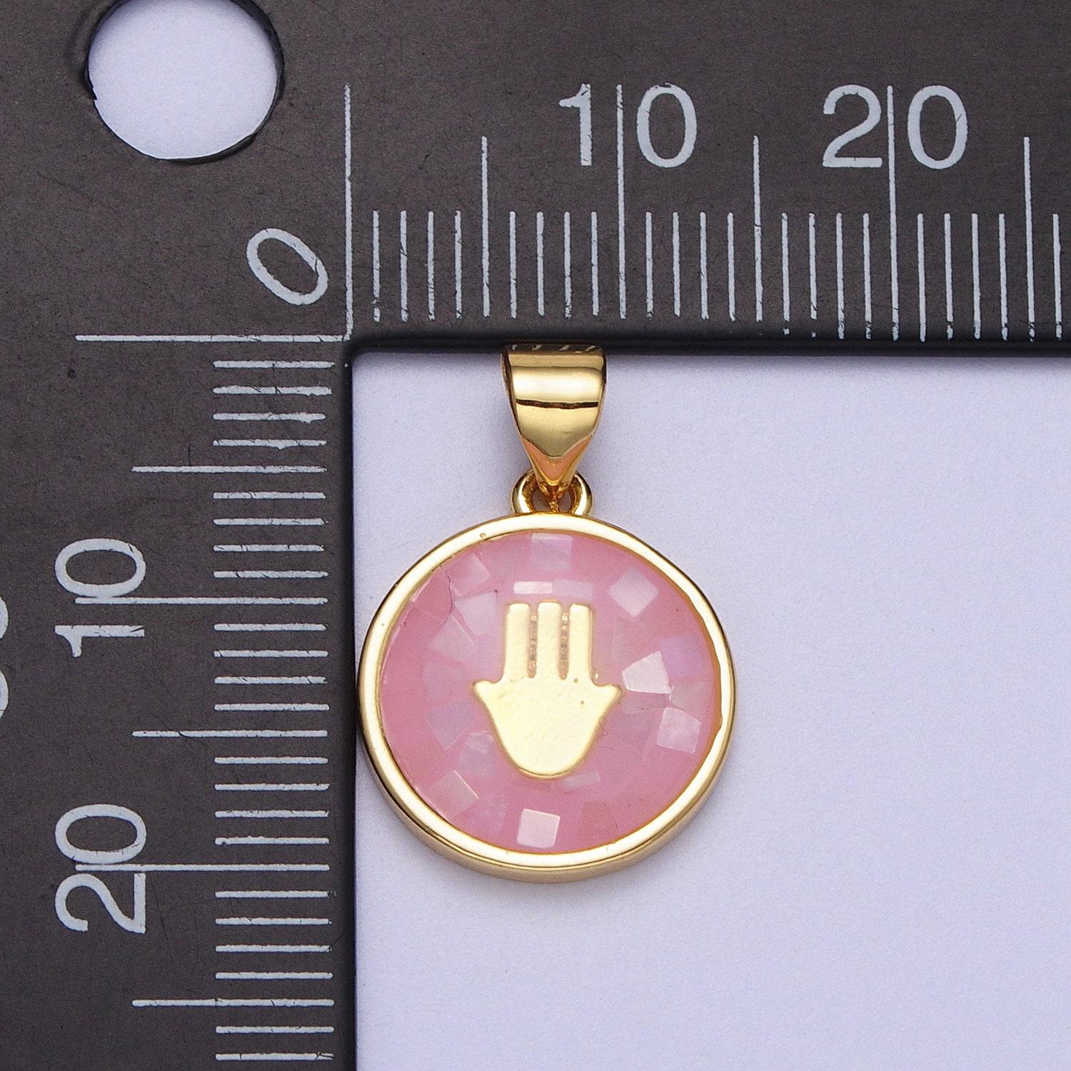 Gold hamsa hand white, pink, green, teal shell opal round pendant h-807 i-760 i-792 i-828