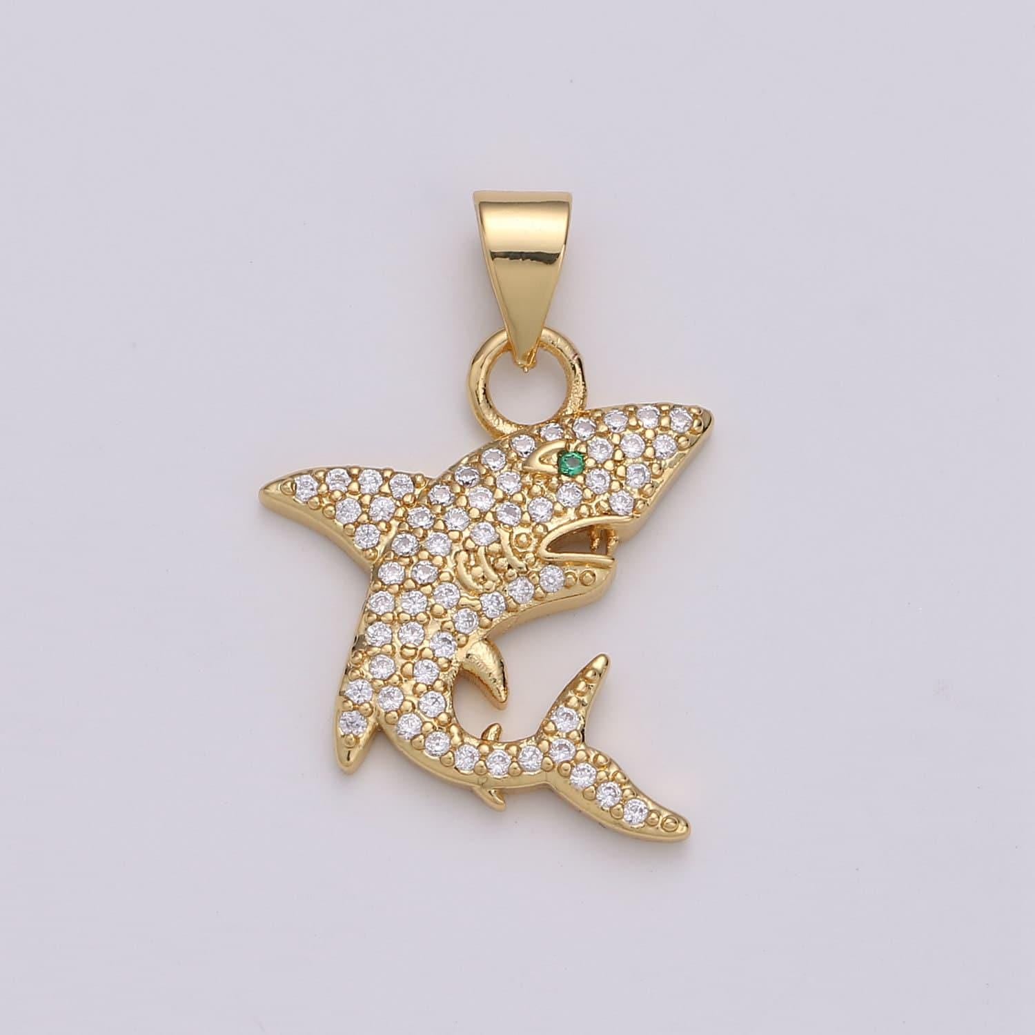 Micro pave shark 24k gold charms, fish charm, gold shark under the sea ocean jewelry inspired, 1736