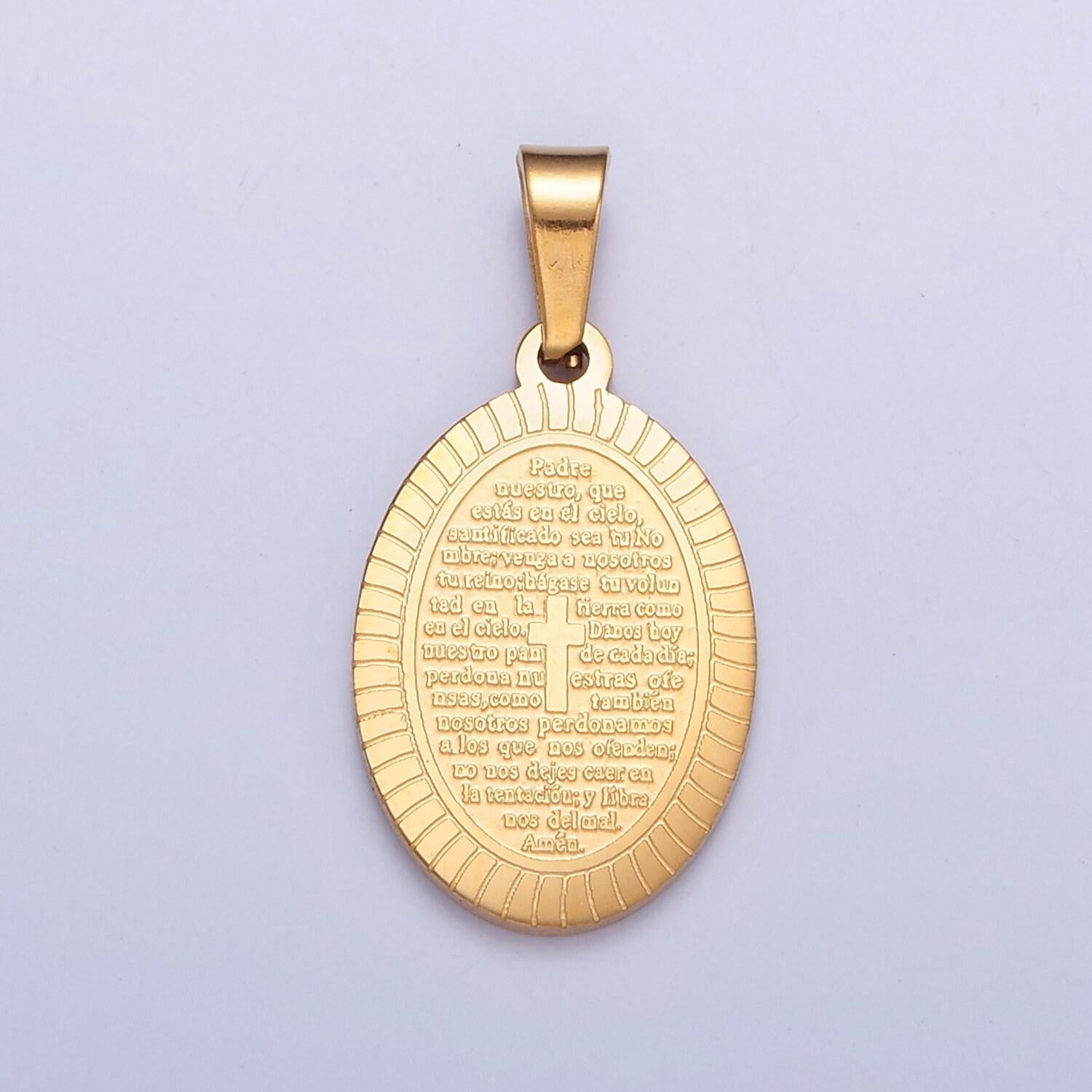 24k gold oval sunburst tiny cross charm spanish the lord's prayer padre nuestro for necklace pendant religious charm | i-529. i-759
