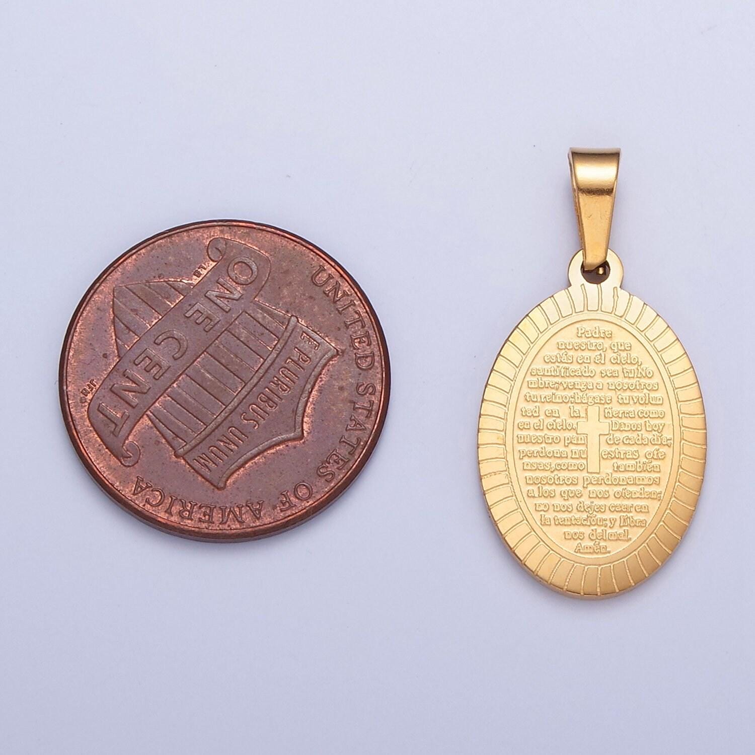 24k gold oval sunburst tiny cross charm spanish the lord's prayer padre nuestro for necklace pendant religious charm | i-529. i-759