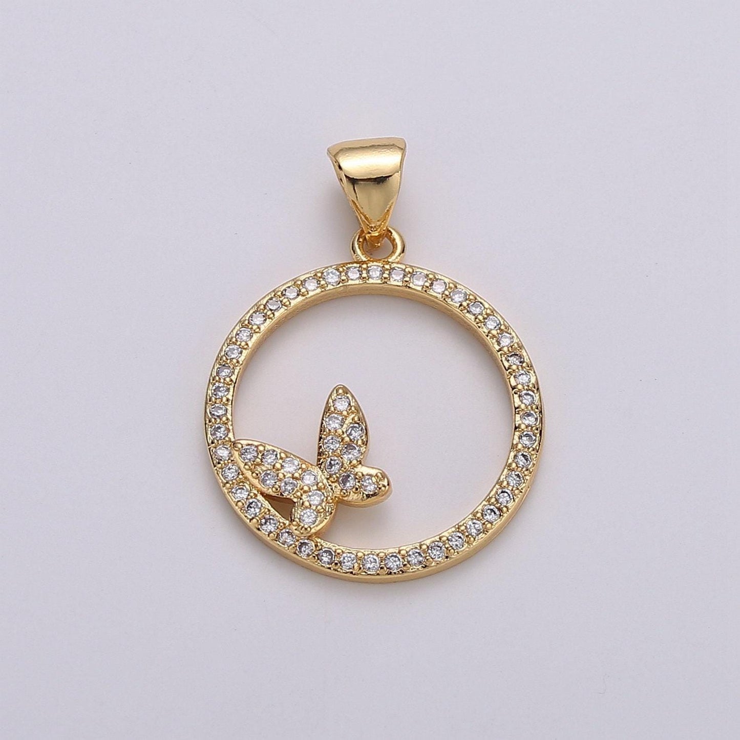 Dainty 14k gold  micro pave butterfly charm, round circle mariposa pendant charm,  charm, for diy jewelry i-744