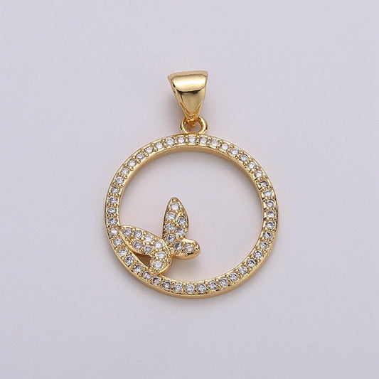 Dainty 14k gold  micro pave butterfly charm, round circle mariposa pendant charm,  charm, for diy jewelry i-744