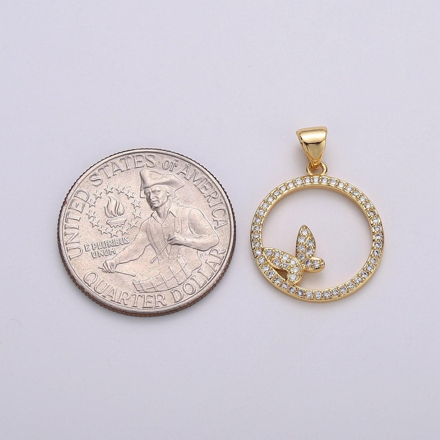 Dainty 14k gold  micro pave butterfly charm, round circle mariposa pendant charm,  charm, for diy jewelry i-744