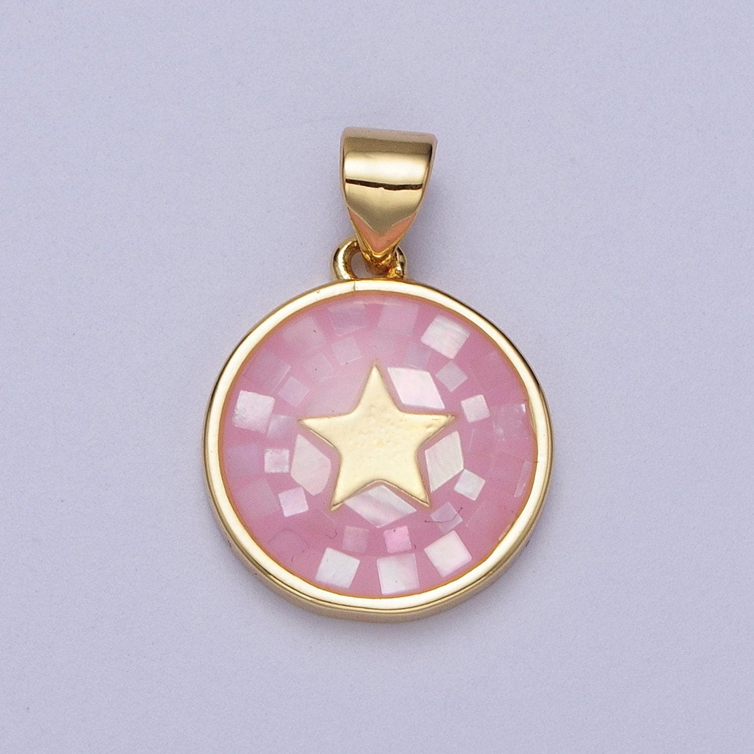 Dainty pink, green, blue white shell star pendant for celestial jewelry making supply in 24k gold filled