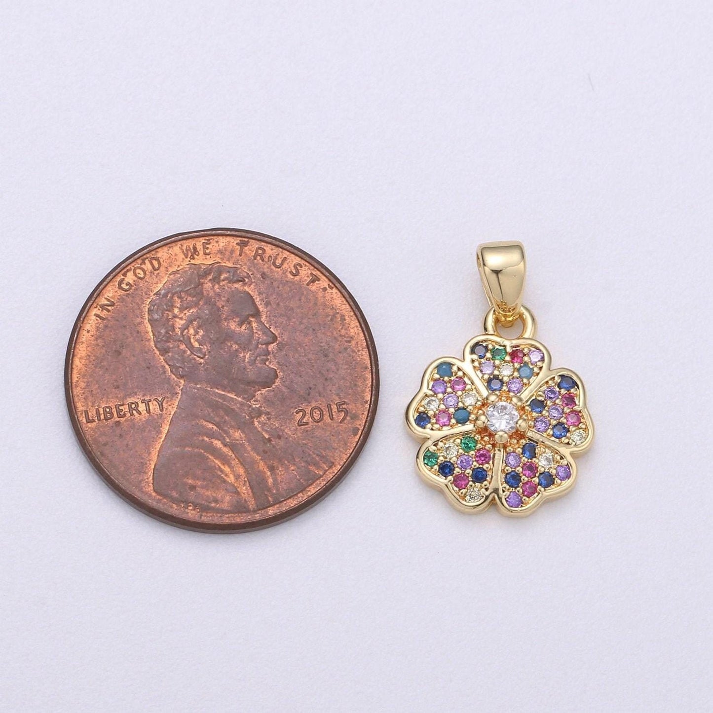 14k gold filled flower charm micro pave clover charm, rainbow cubic charms, cz gold colorful charm, dainty minimalist jewelry supply i-714