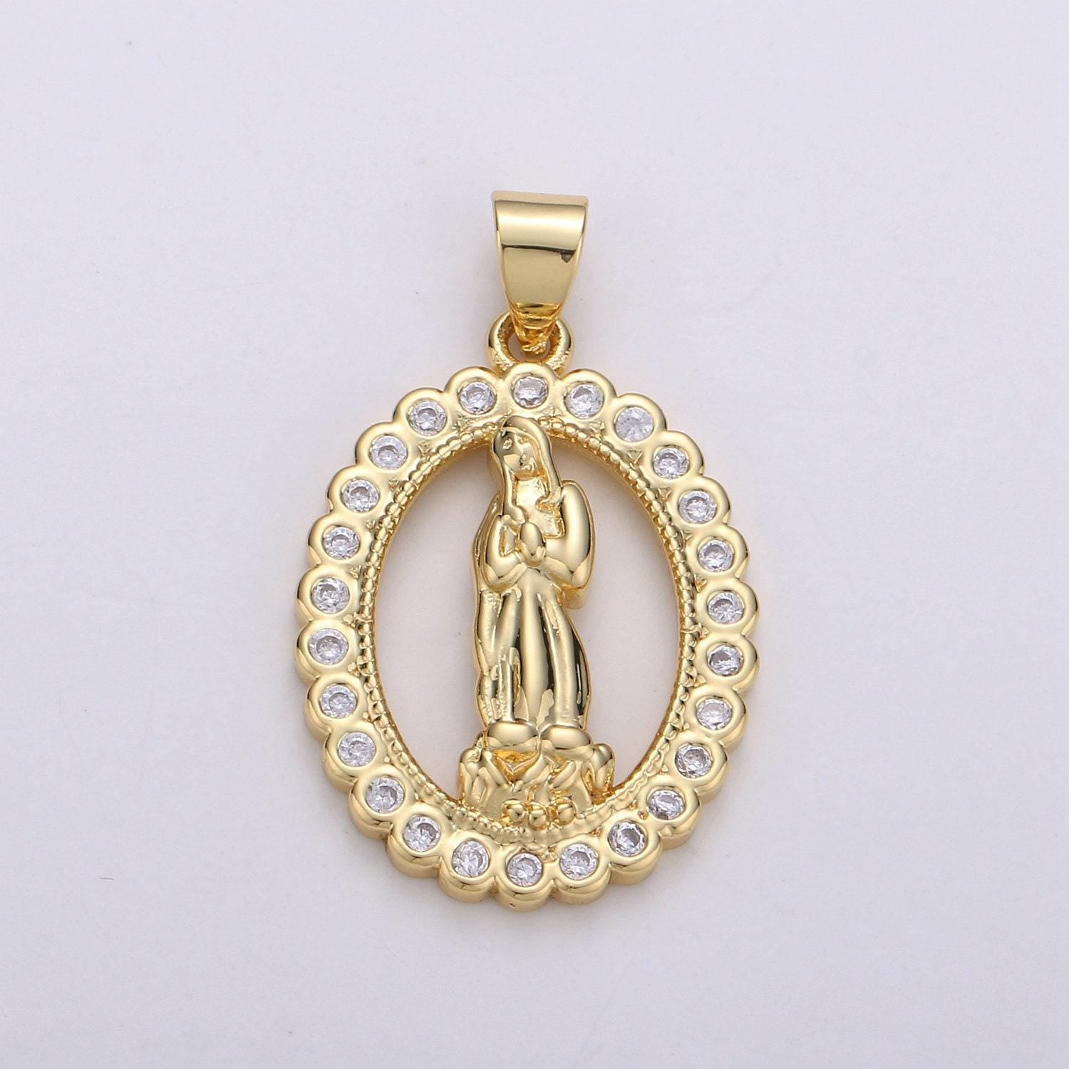 Gold medallion charm 14k gold filled cz virgin mary pendant, lady guadalupe cubic zirconia charm, mother of jesus religious jewelry i-701