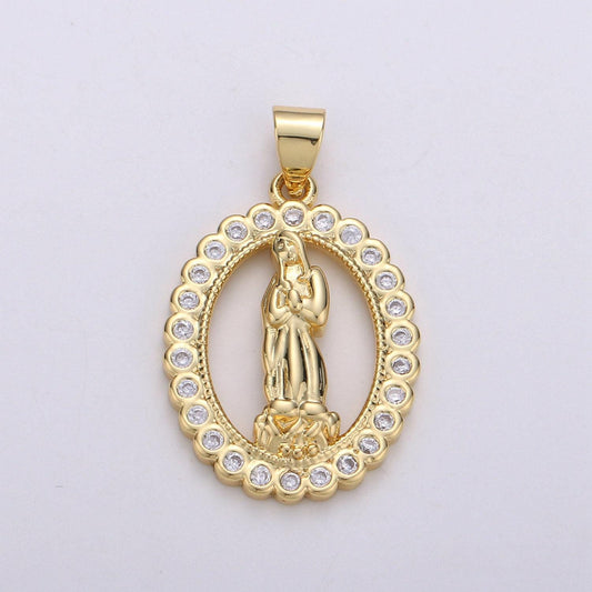 Gold medallion charm 14k gold filled cz virgin mary pendant, lady guadalupe cubic zirconia charm, mother of jesus religious jewelry i-701
