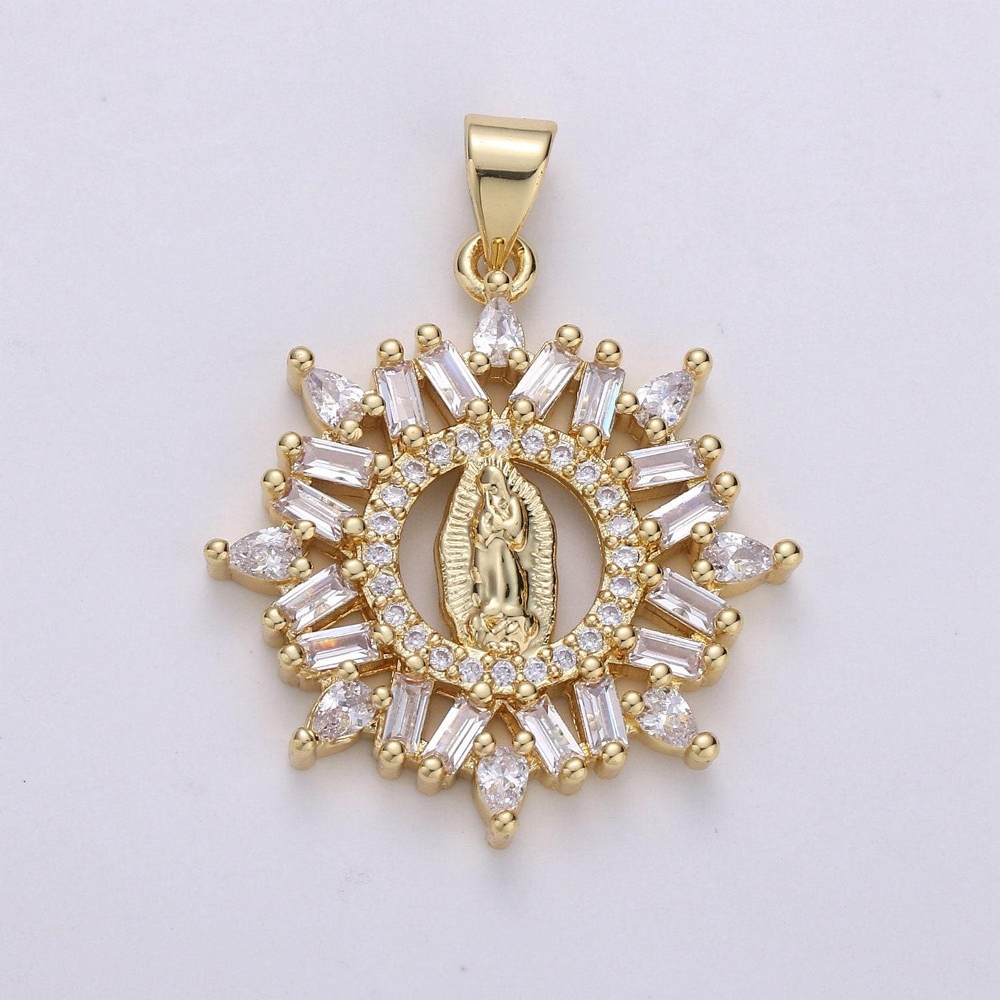 14k gold virgin mary pendant, cluster cz pendant craft supplies for necklace bracelet jewelry making micro pave baguette charm