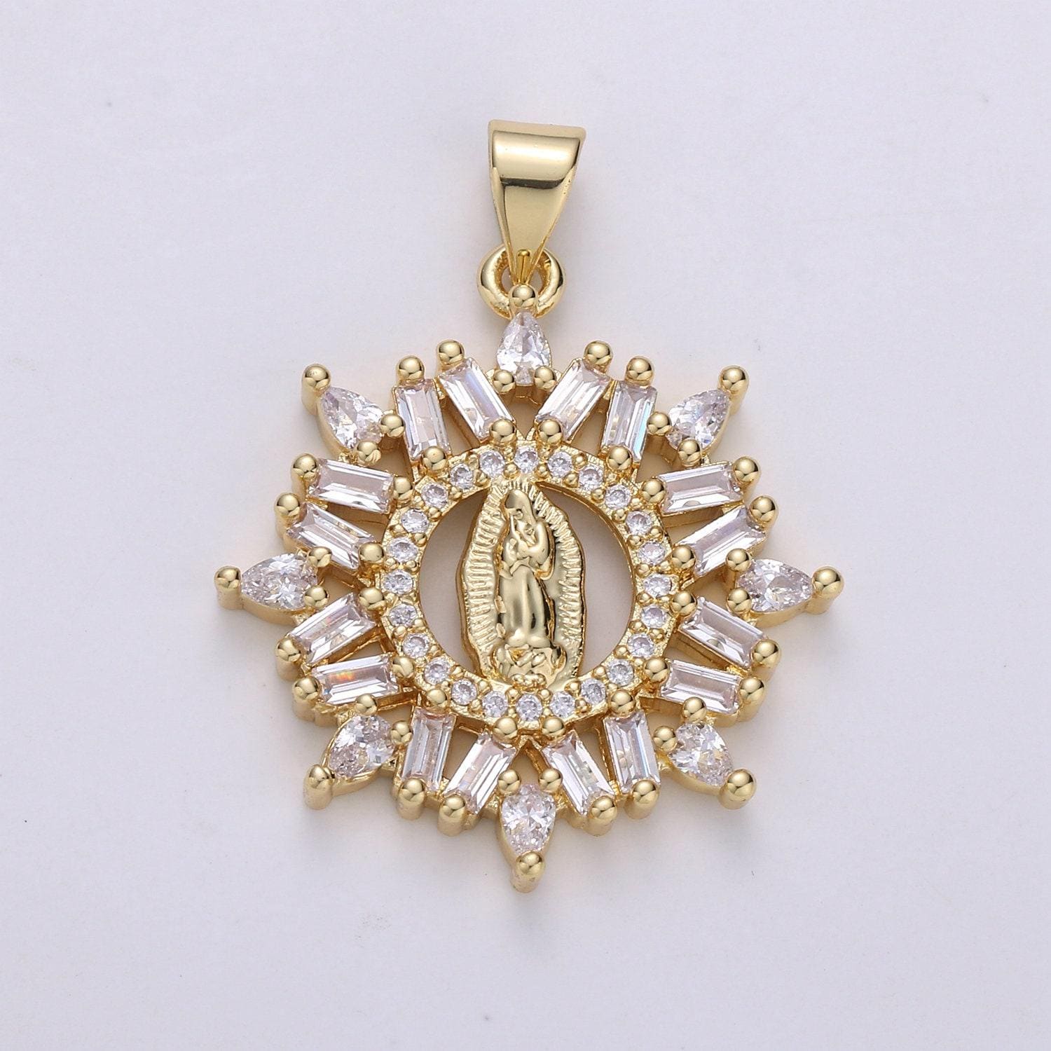 14k gold virgin mary pendant, cluster cz pendant craft supplies for necklace bracelet jewelry making micro pave baguette charm