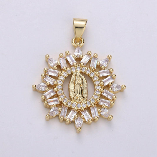 14k gold virgin mary pendant, cluster cz pendant craft supplies for necklace bracelet jewelry making micro pave baguette charm