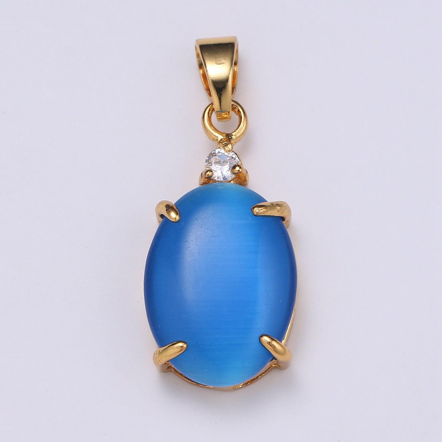 Multi color cat's eye: aqua,blue,clear,navy blue, emerald 24k gold solitaire cz pendant, large cat's eye stone, i681~i684