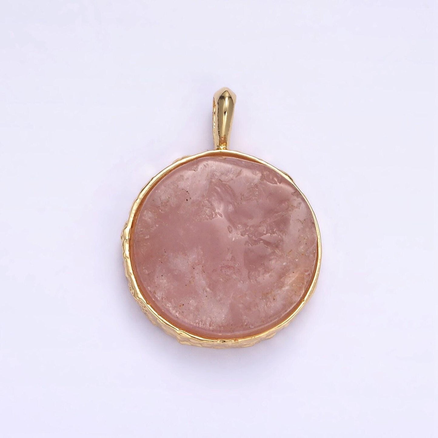 24k gold filled rose quartz round coin freeform gemstone with hammered bezel maximalist charm | i653 i654