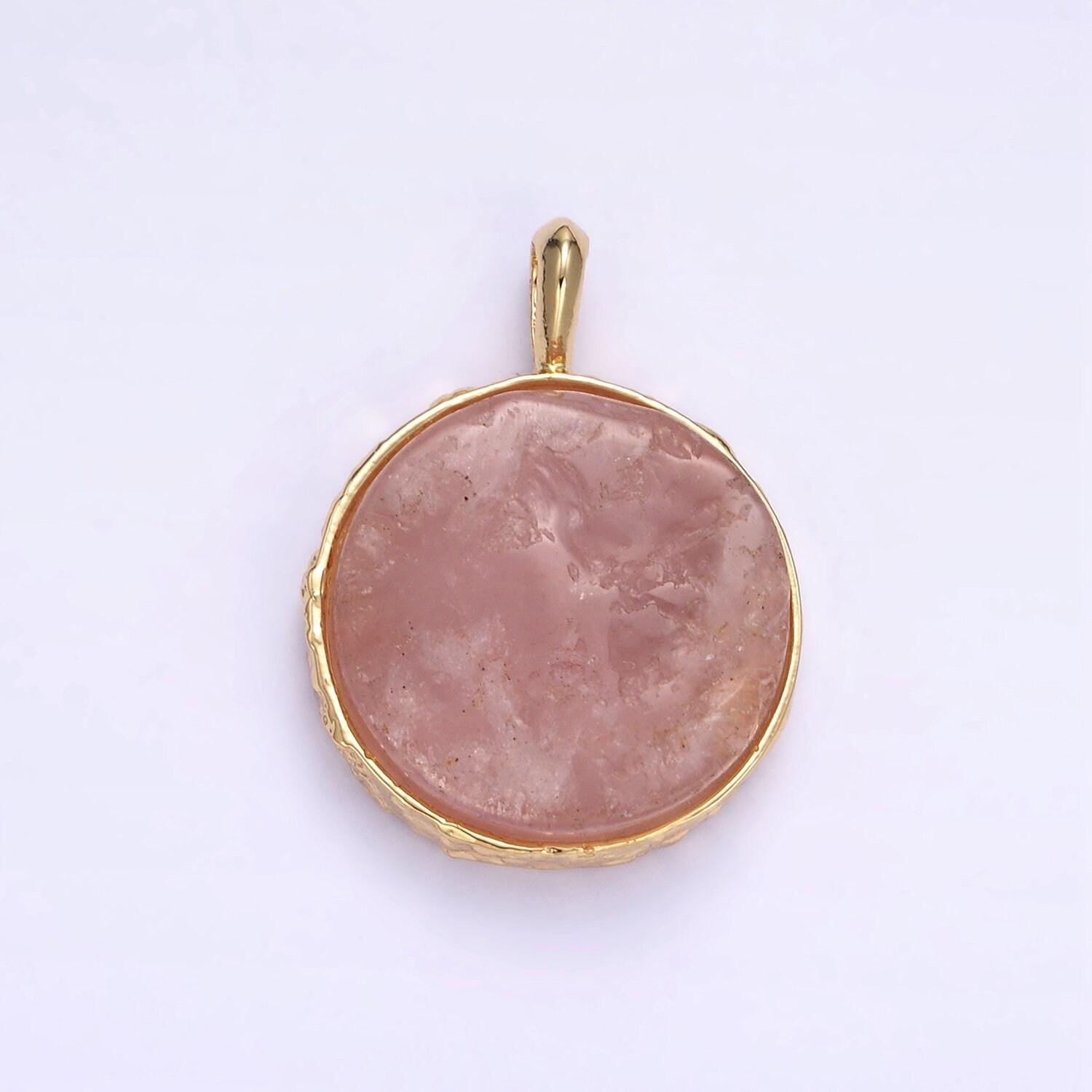 24k gold filled rose quartz round coin freeform gemstone with hammered bezel maximalist charm | i653 i654