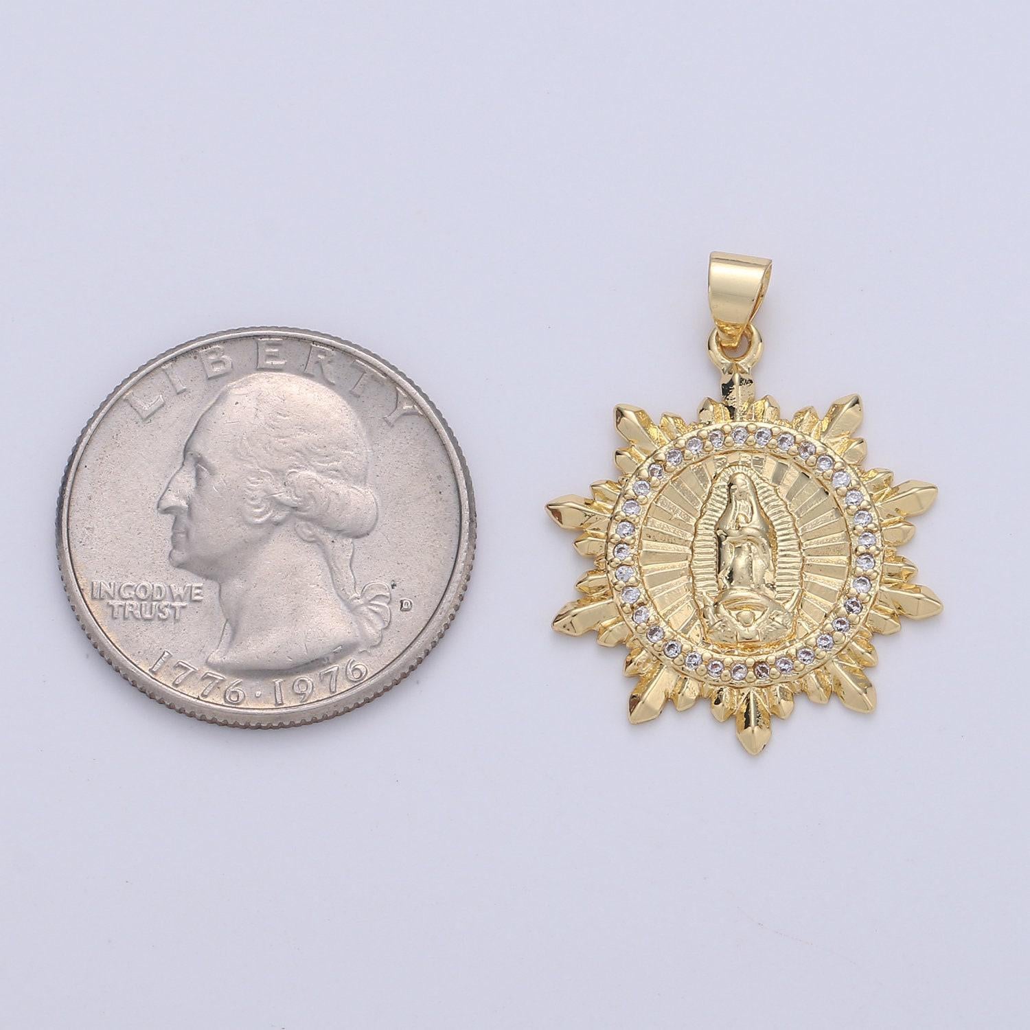Virgin mary medallion scalloped edge, decorative edge, round coin pendant in 24k gold filled religious jewelry charm pendant for necklace
