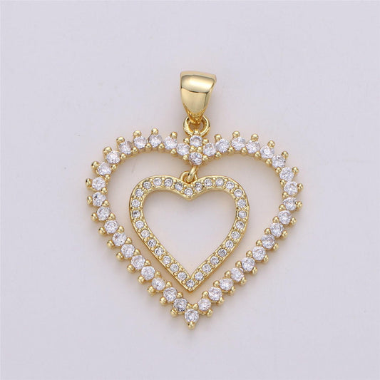 24k gold filled dainty dangle twin heart pendant with micro pave cubic zirconia cz stone for family lover necklace or bracelet i-594