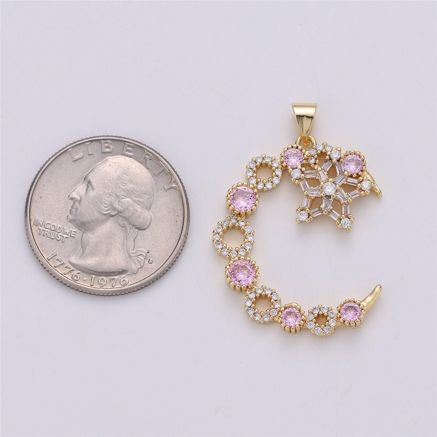24k gold filled pink clear micro paved cubic zirconia moon and stars pendant i-577