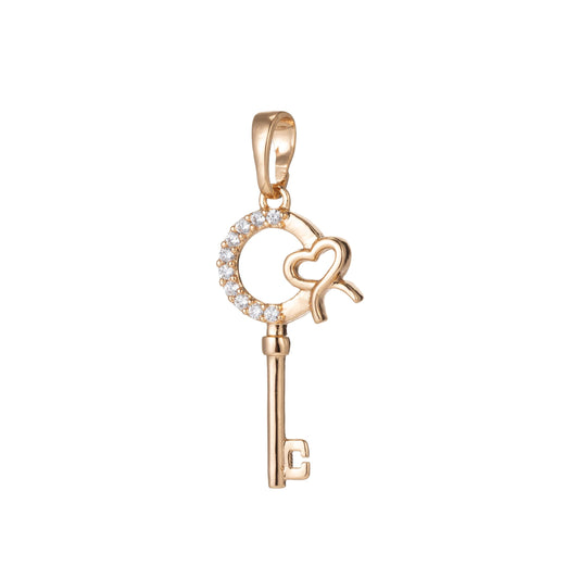 1pc 18k gold micro pave cz heart key pendant charm, micro pave cz key pendant charm, key pendant, for diy jewelry, 1474