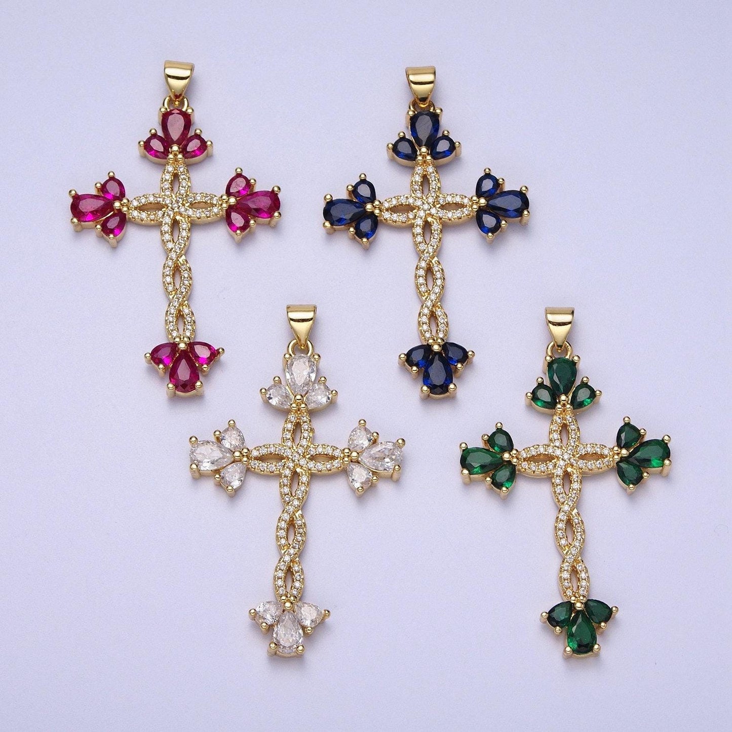 Micro paved marquise religious cross twist gold pendant for religious jewelry making pink, green, blue, clear cz | i440 i447 i508 i535