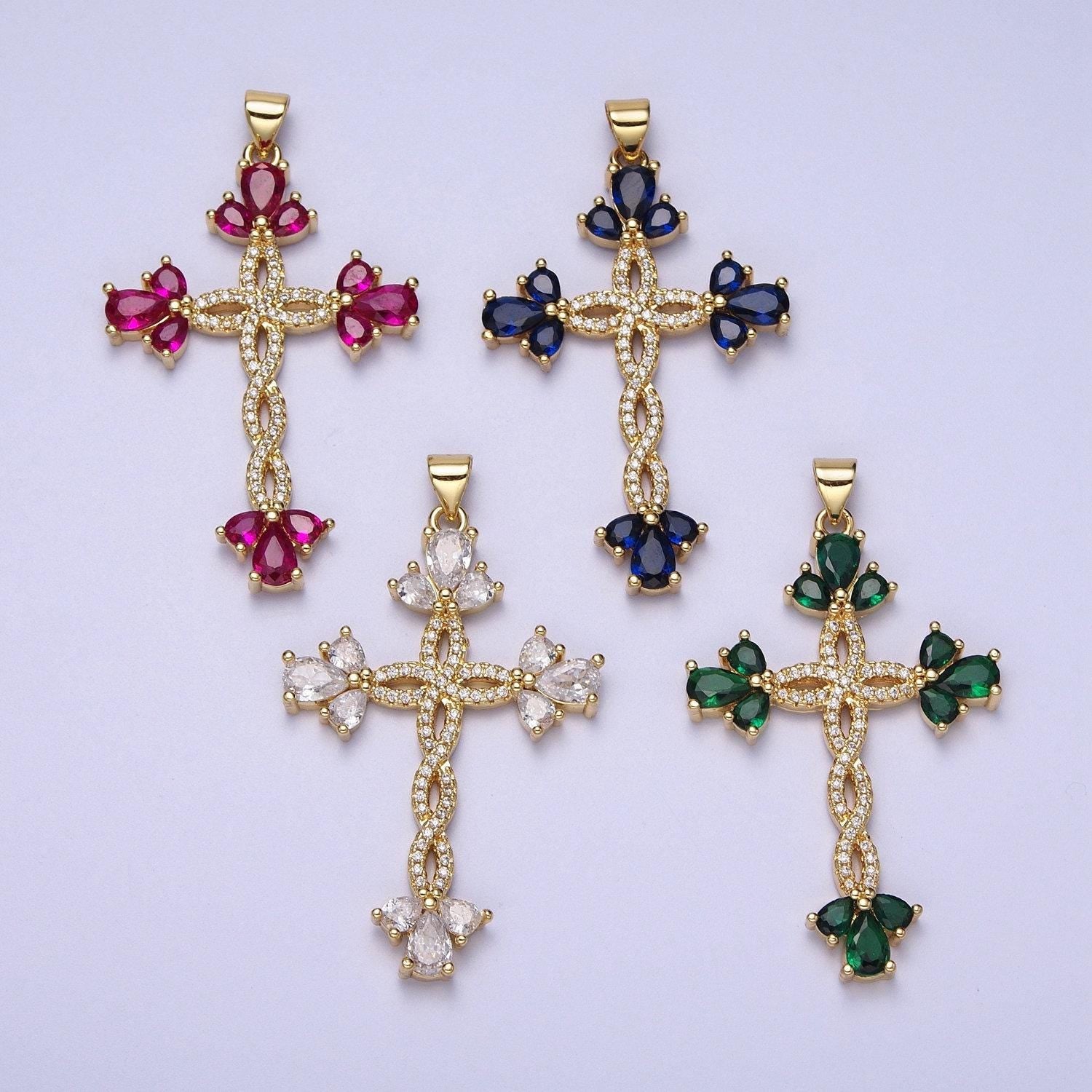 Micro paved marquise religious cross twist gold pendant for religious jewelry making pink, green, blue, clear cz | i440 i447 i508 i535