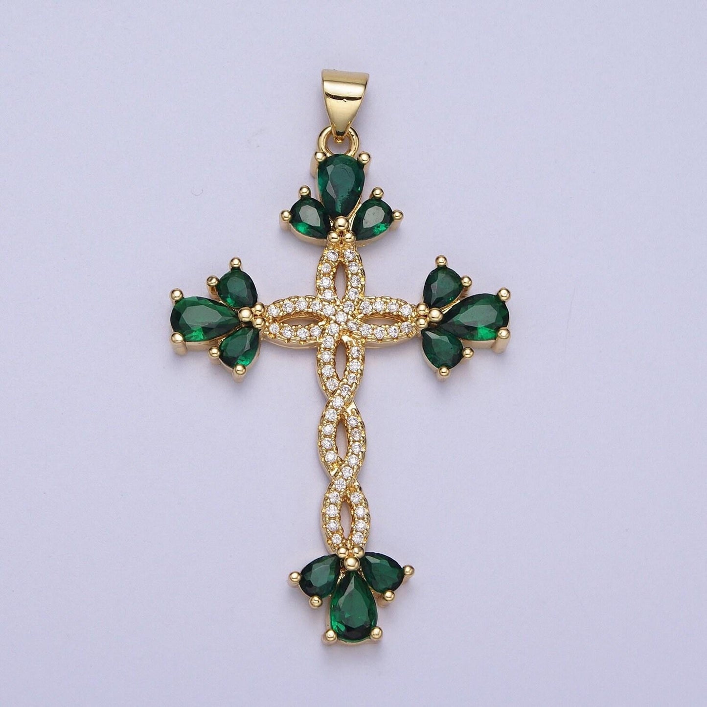 Micro paved marquise religious cross twist gold pendant for religious jewelry making pink, green, blue, clear cz | i440 i447 i508 i535