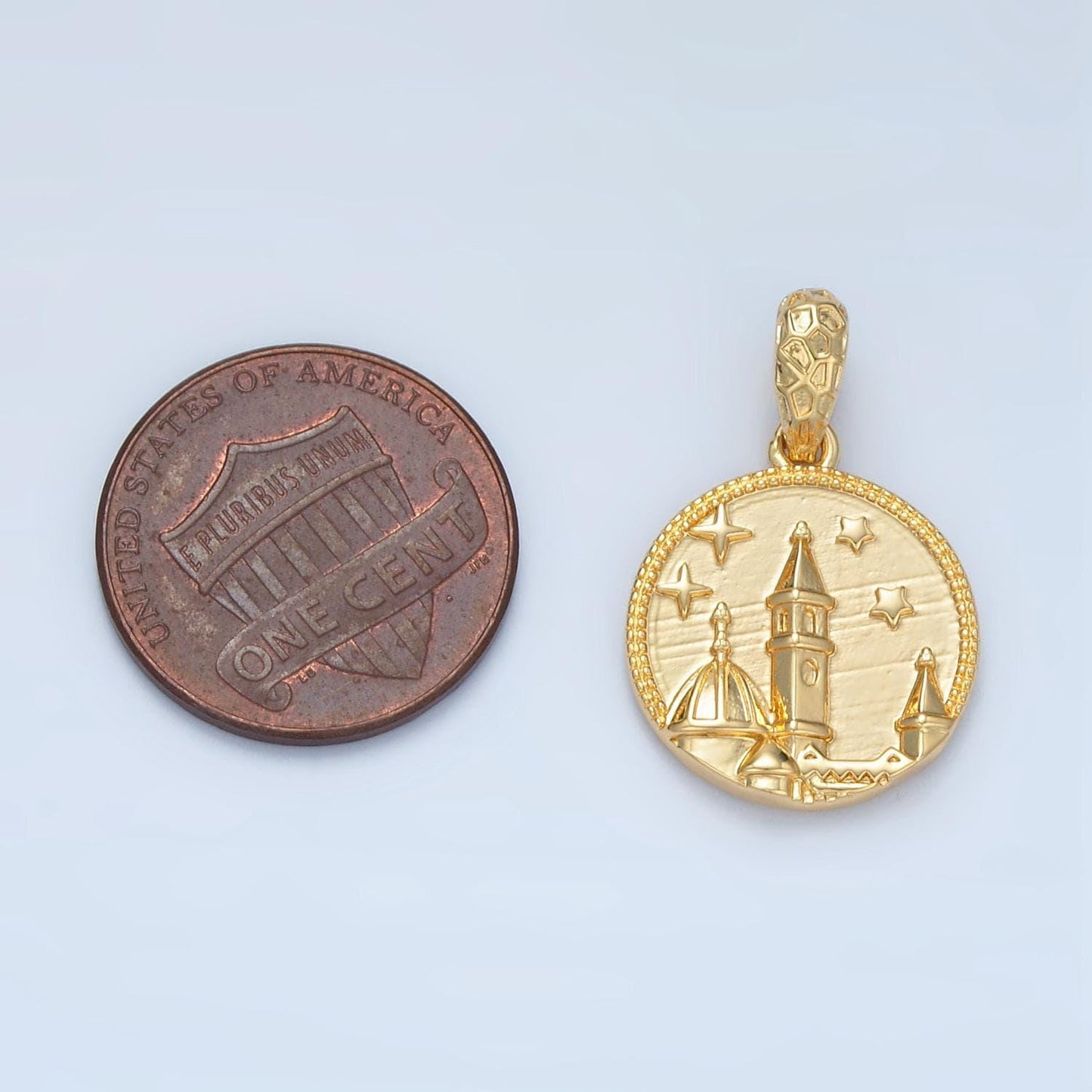 Mini gold round coin charm with castle star panoramic pendant i527