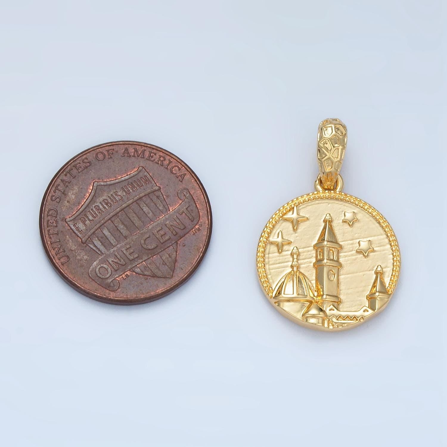 Mini gold round coin charm with castle star panoramic pendant i527