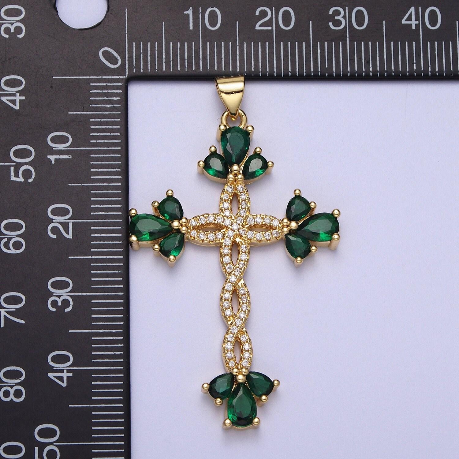 Micro paved marquise religious cross twist gold pendant for religious jewelry making pink, green, blue, clear cz | i440 i447 i508 i535