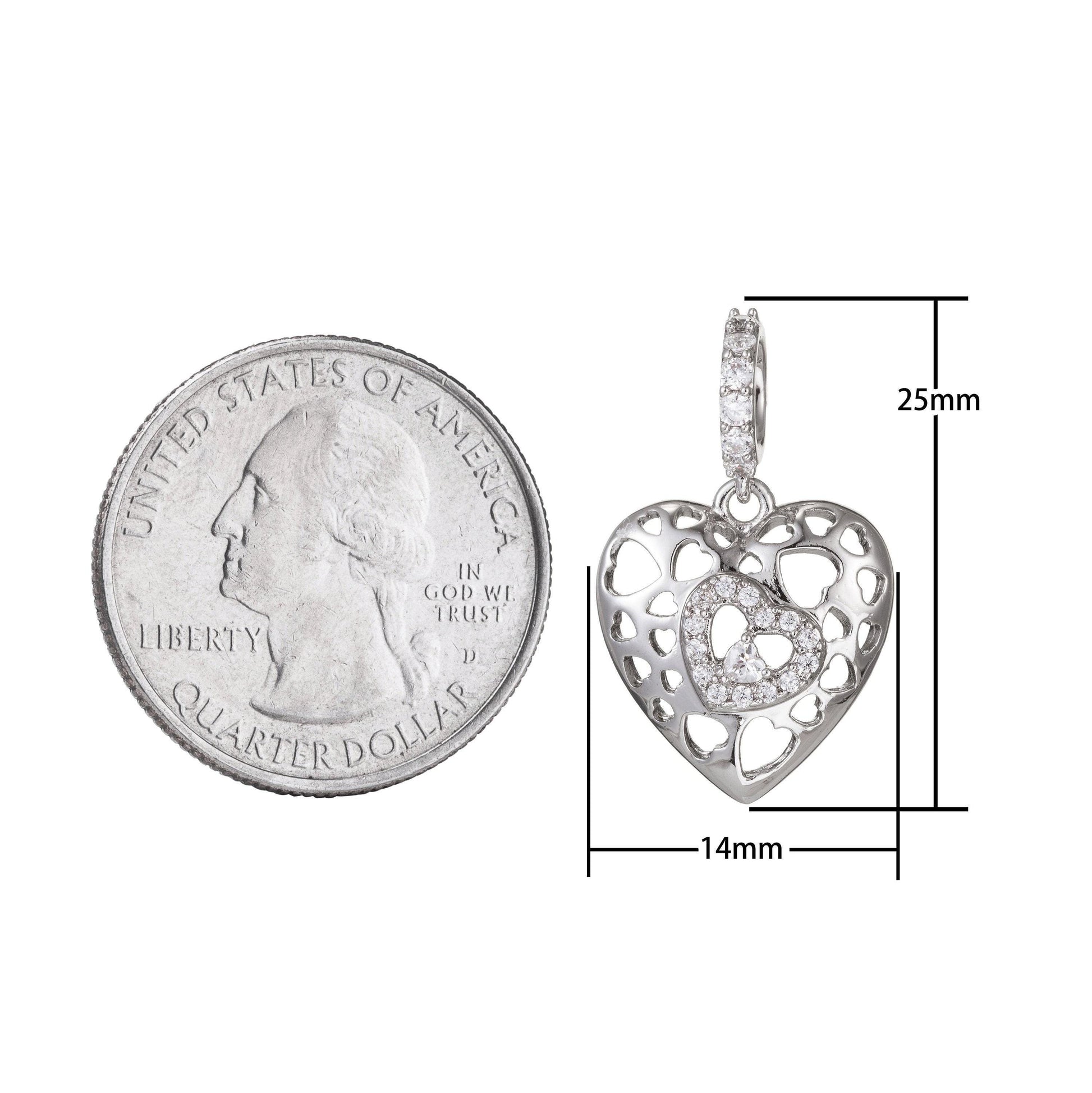 White gold filled micro pave cz heart pendant charm, link heart micro pave cz pendant charm, white gold filled pendant for diy jewelry i-468