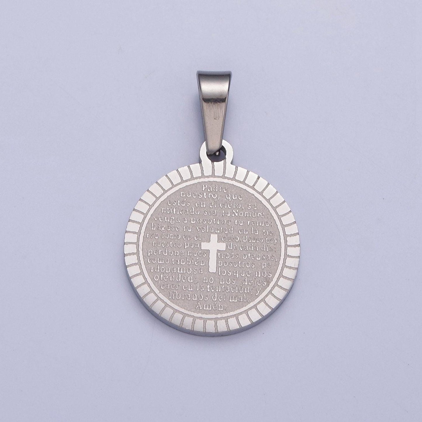 Stainless steel round circle sunburst tiny cross charm spanish the lord's prayer padre nuestro for religious necklace pendant | i-439, i-444