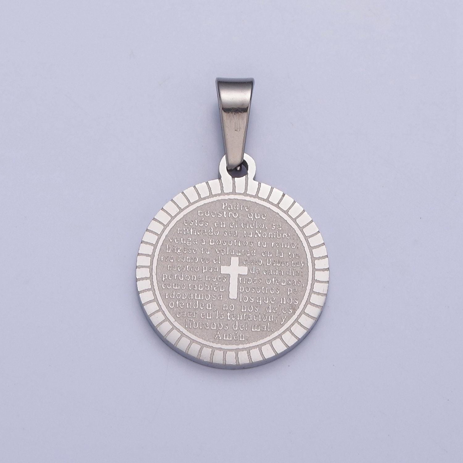 Stainless steel round circle sunburst tiny cross charm spanish the lord's prayer padre nuestro for religious necklace pendant | i-439, i-444