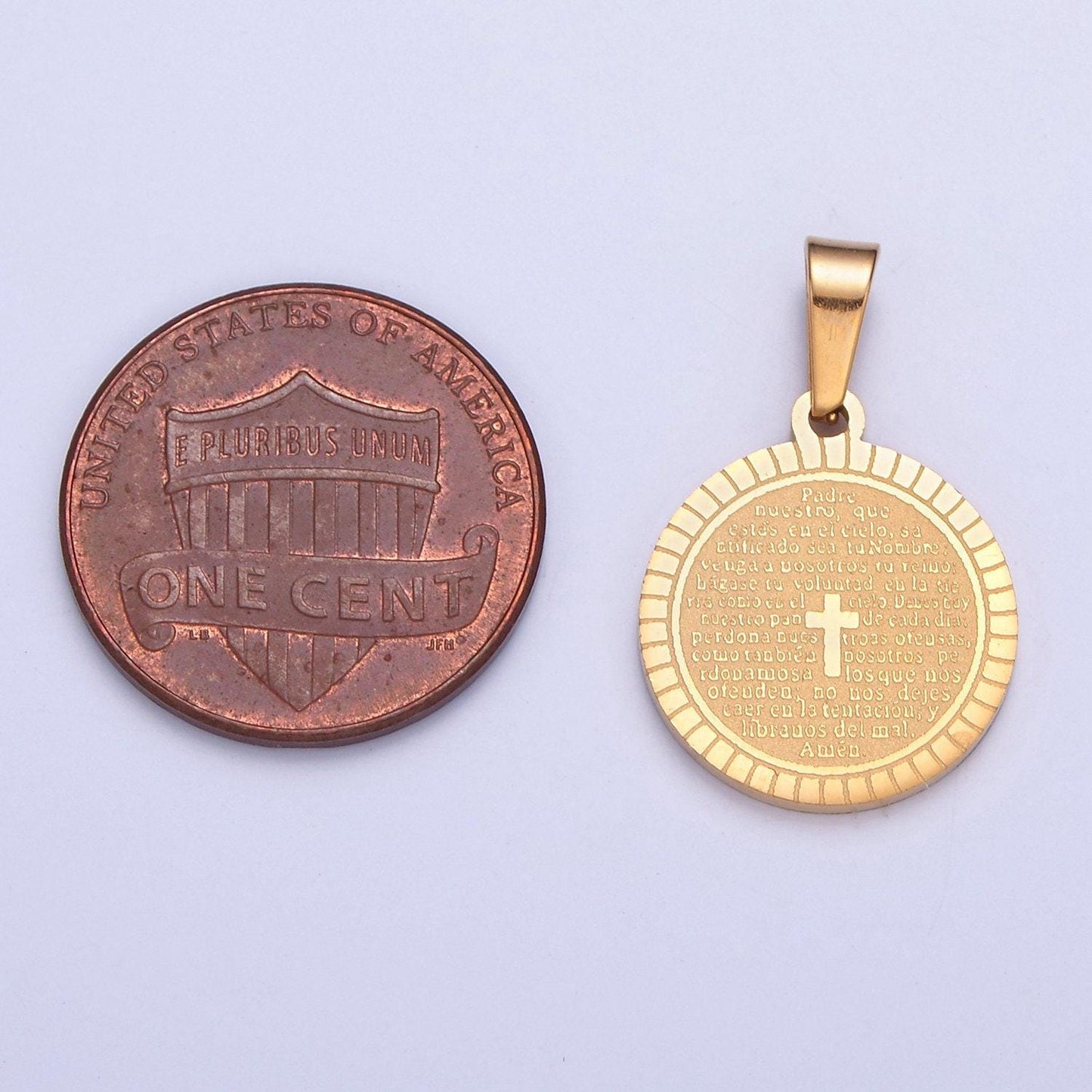 Stainless steel round circle sunburst tiny cross charm spanish the lord's prayer padre nuestro for religious necklace pendant | i-439, i-444