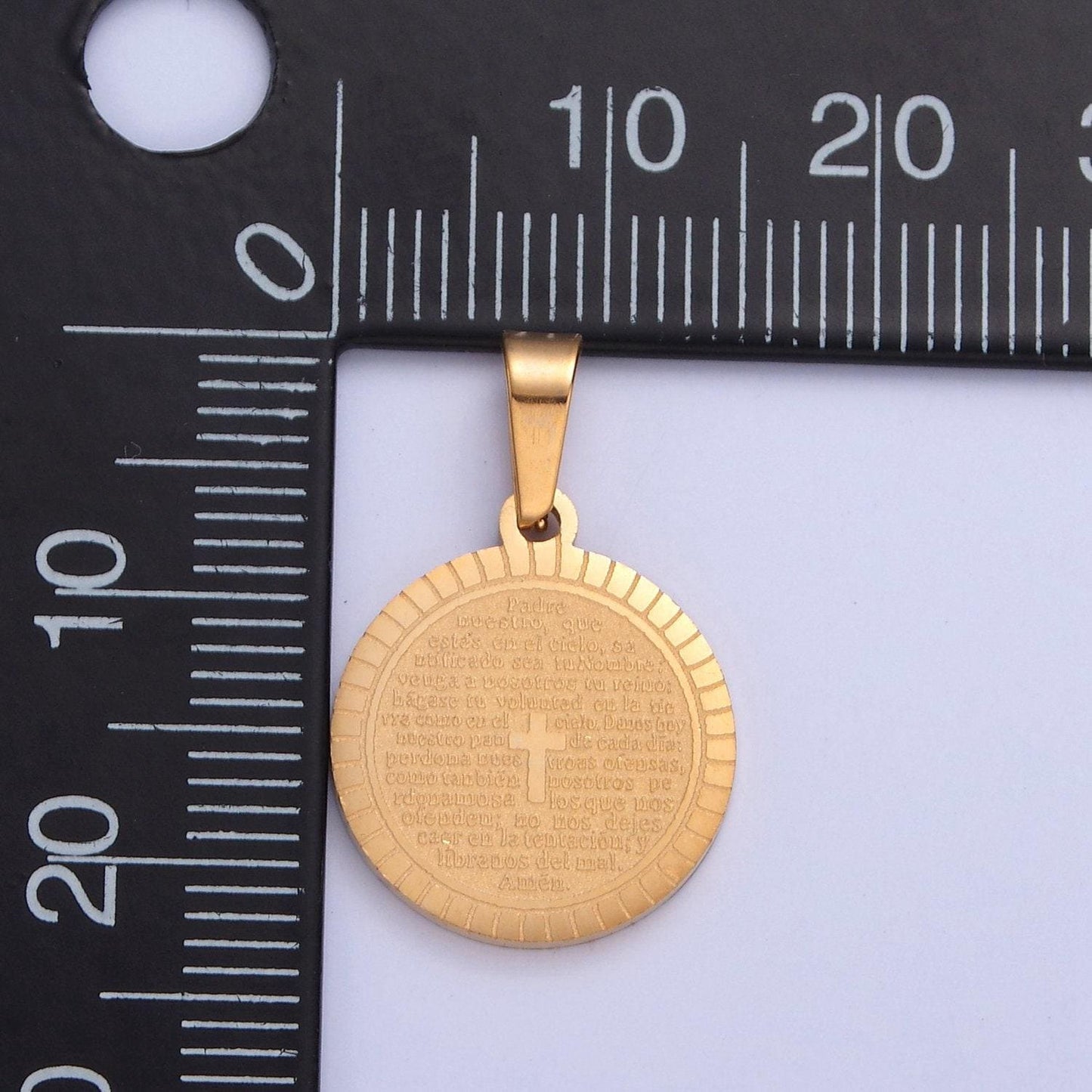 Stainless steel round circle sunburst tiny cross charm spanish the lord's prayer padre nuestro for religious necklace pendant | i-439, i-444