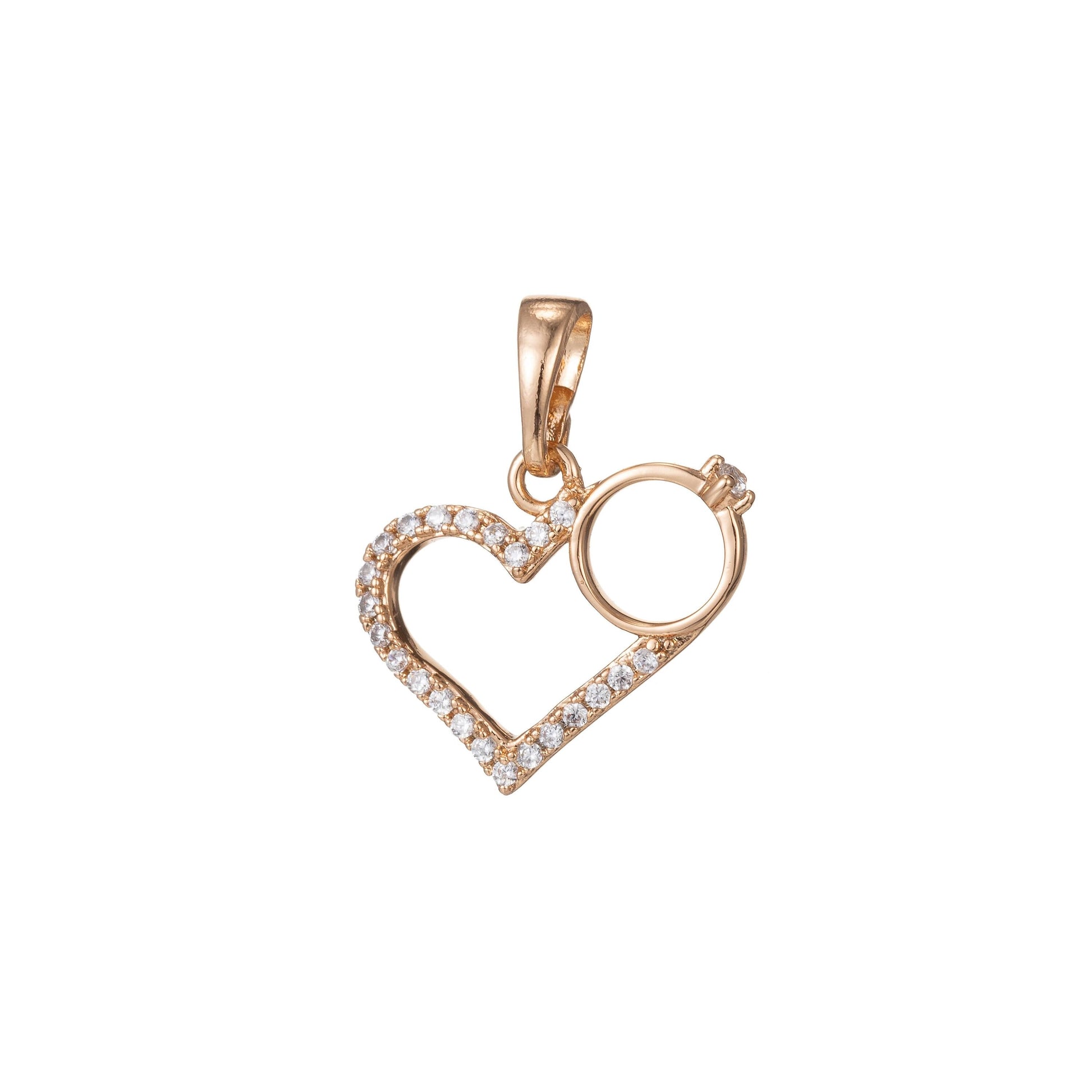 1pc 18k gold micro pave cz heart pendant charm, heart with ring micro pave cz pendant charm, pendant, for diy jewelry