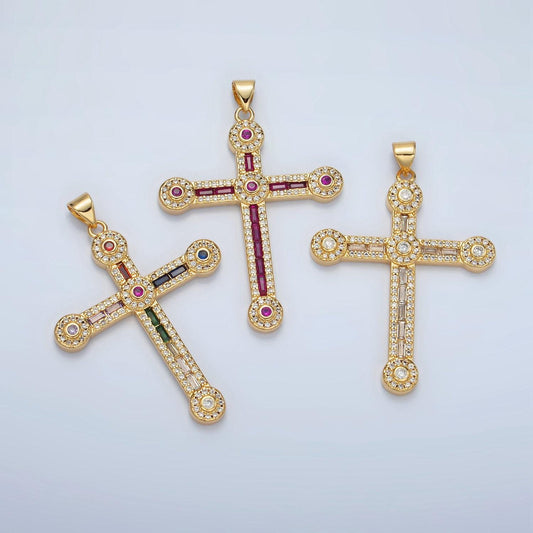Gold cross rectangle cut baguette cubic zirconia pendant, religious christian charm for jewelry making, i423