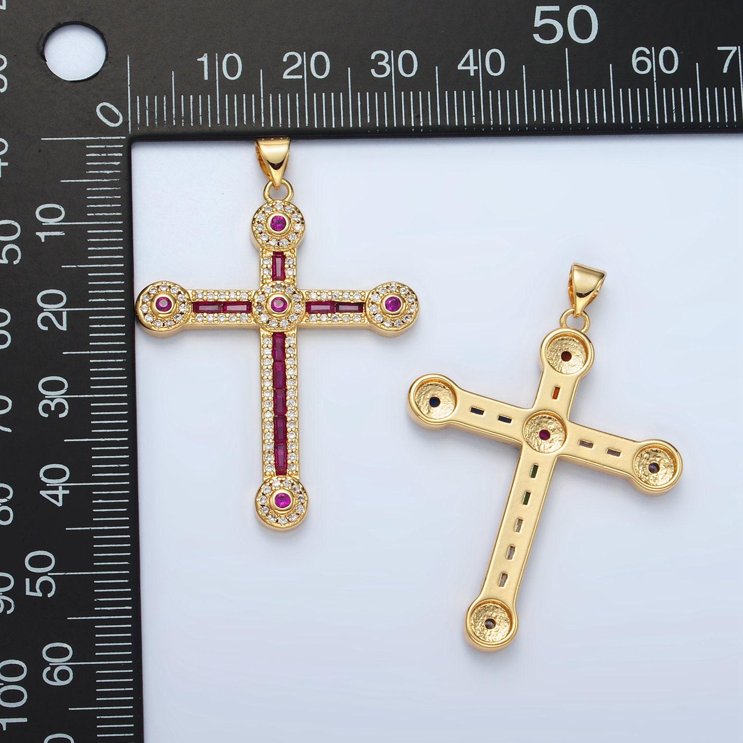 Gold cross rectangle cut baguette cubic zirconia pendant, religious christian charm for jewelry making, i423