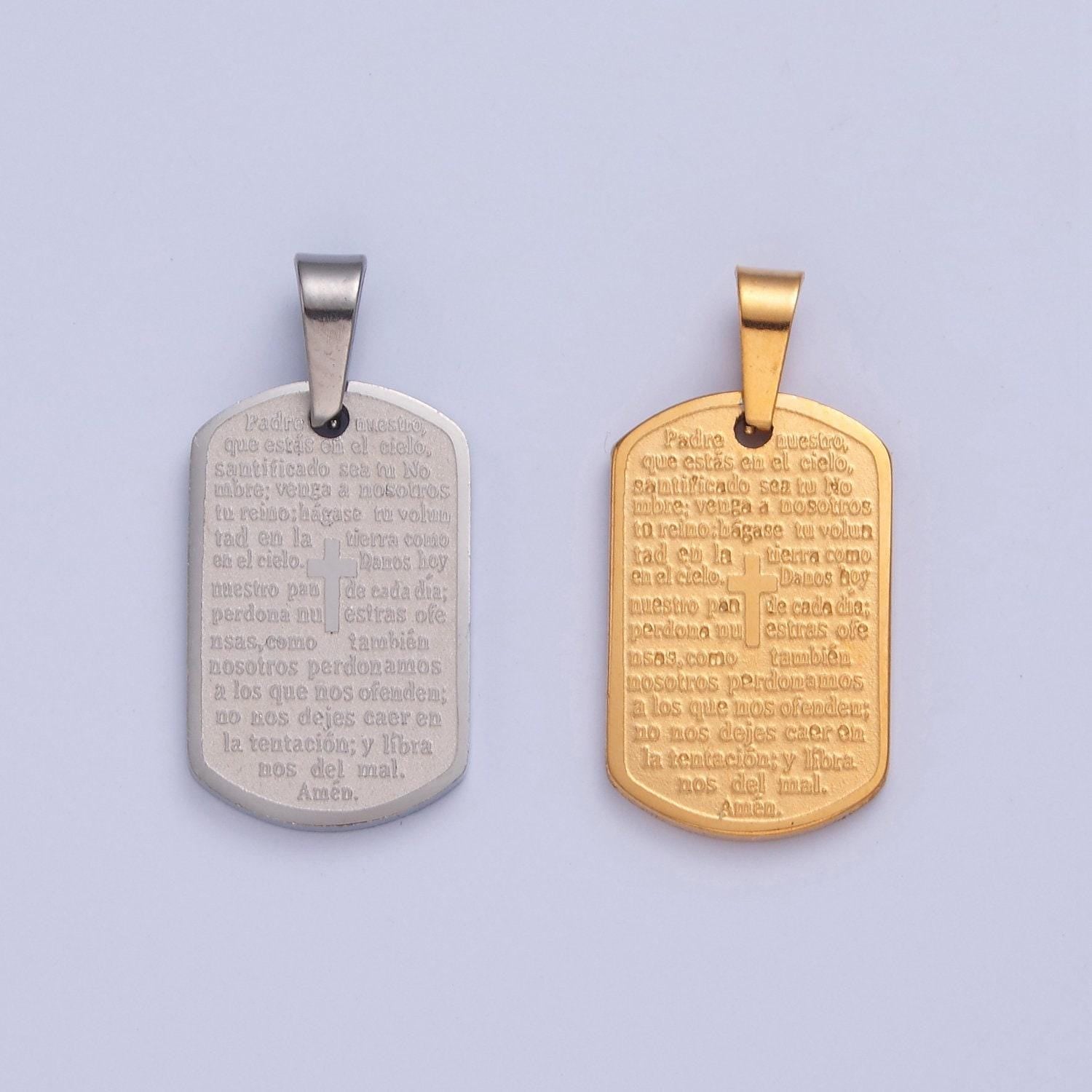 Stainless steel spanish the lord's prayer script tag w. tiny cross charm, padre nuestro for religious necklace pendant | i-354, i-396