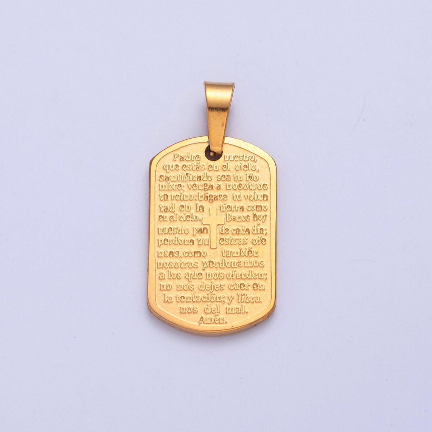 Stainless steel spanish the lord's prayer script tag w. tiny cross charm, padre nuestro for religious necklace pendant | i-354, i-396
