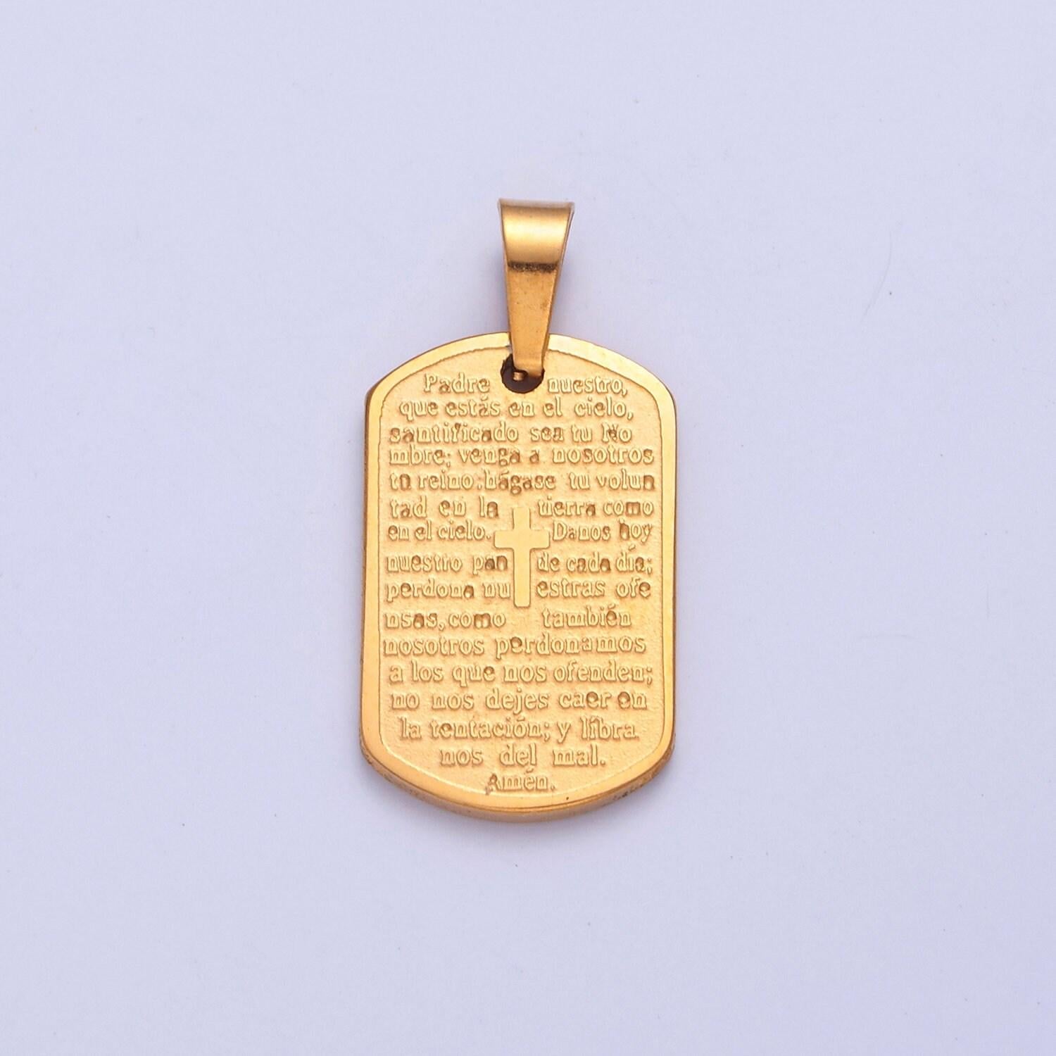 Stainless steel spanish the lord's prayer script tag w. tiny cross charm, padre nuestro for religious necklace pendant | i-354, i-396