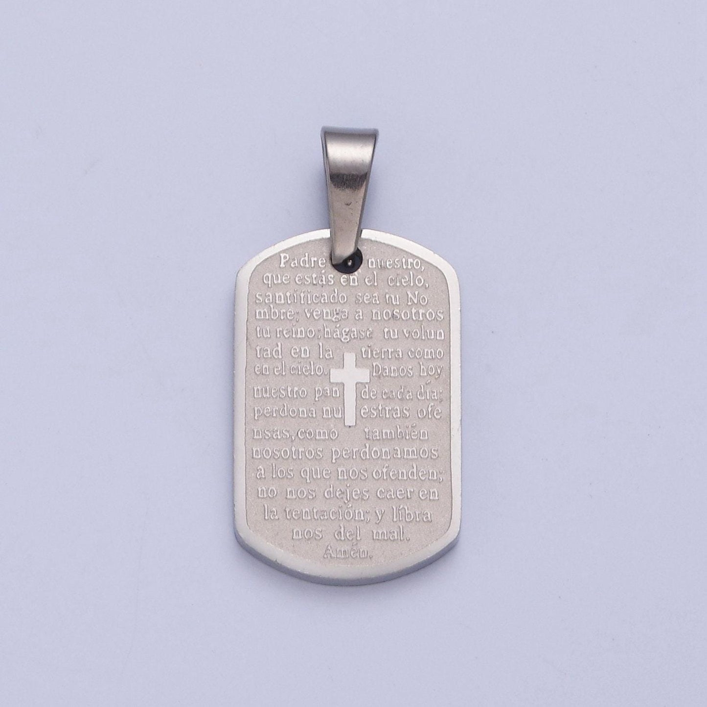 Stainless steel spanish the lord's prayer script tag w. tiny cross charm, padre nuestro for religious necklace pendant | i-354, i-396