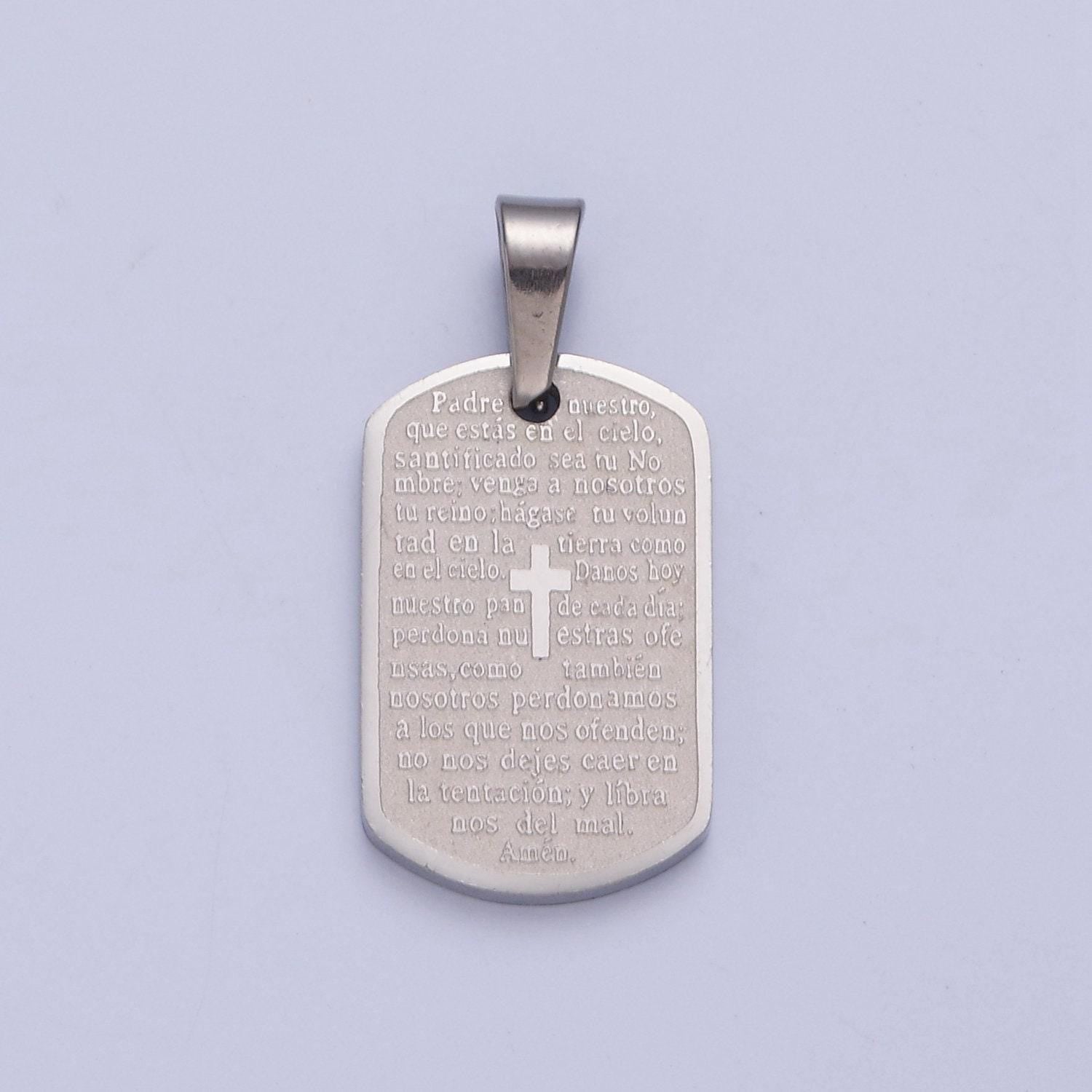 Stainless steel spanish the lord's prayer script tag w. tiny cross charm, padre nuestro for religious necklace pendant | i-354, i-396
