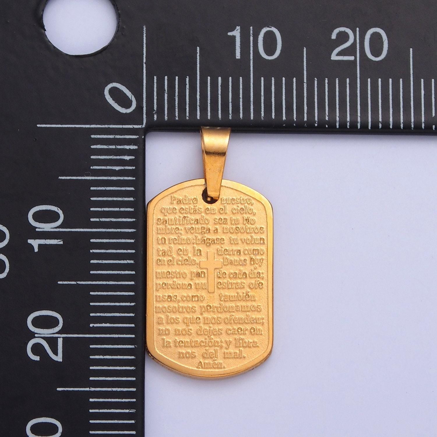 Stainless steel spanish the lord's prayer script tag w. tiny cross charm, padre nuestro for religious necklace pendant | i-354, i-396